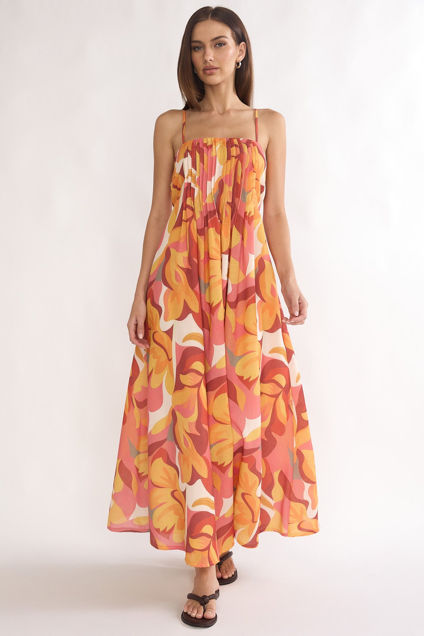 Lysette Pintuck Pleat Maxi Dress Print Orange by Selfie Leslie Australia