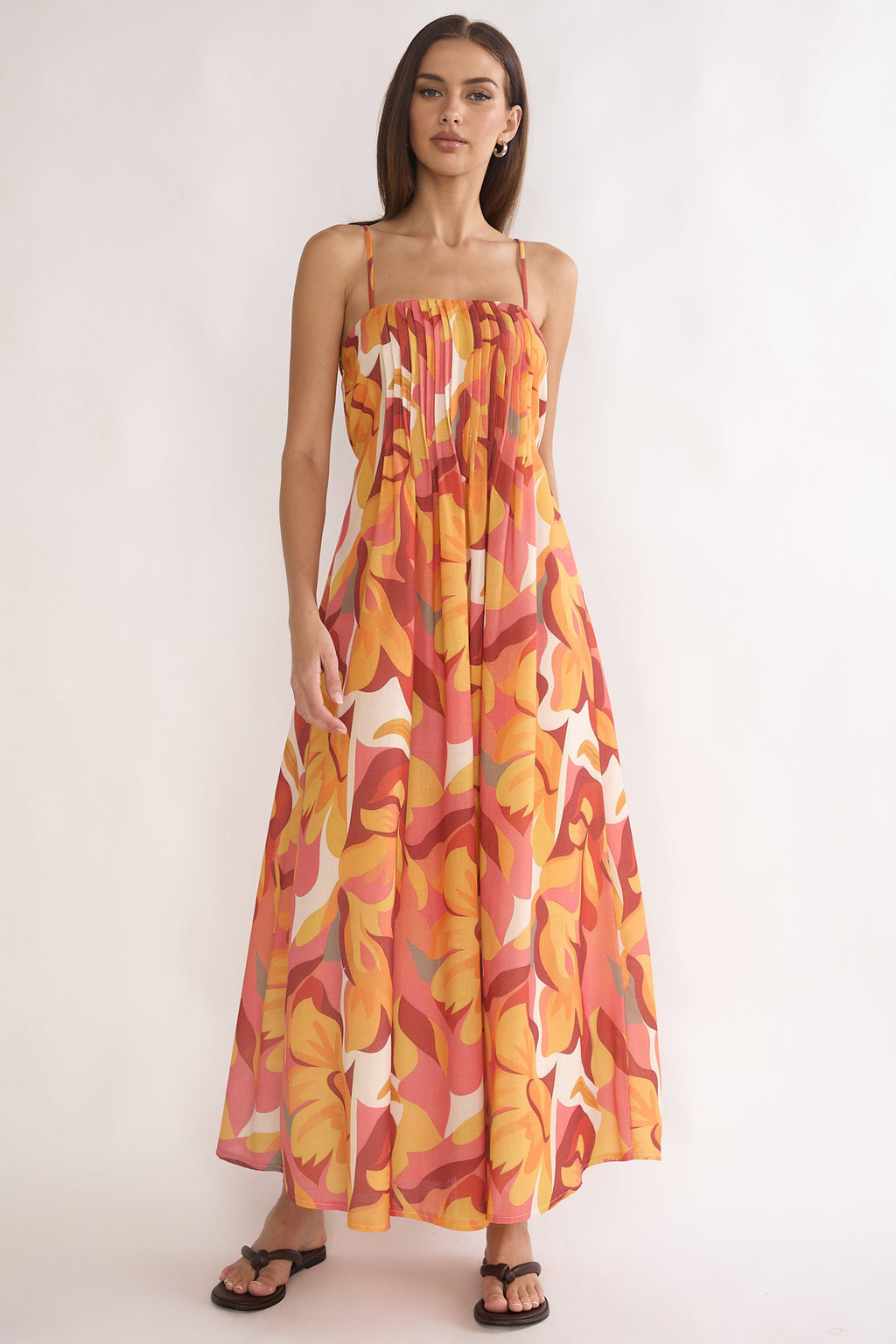 Lysette Pintuck Pleat Maxi Dress Print Orange by Selfie Leslie Australia
