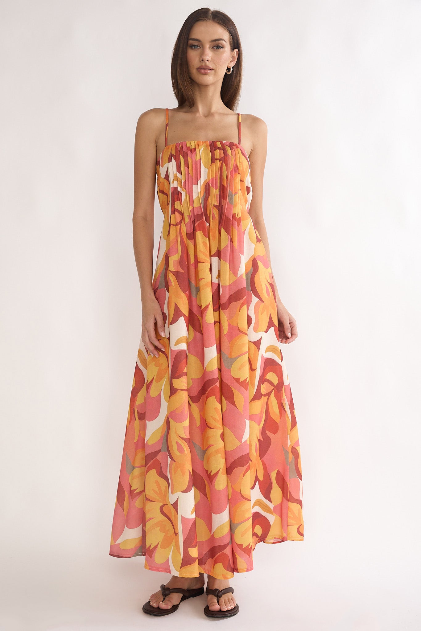 Lysette Pintuck Pleat Maxi Dress Print Orange by Selfie Leslie Australia
