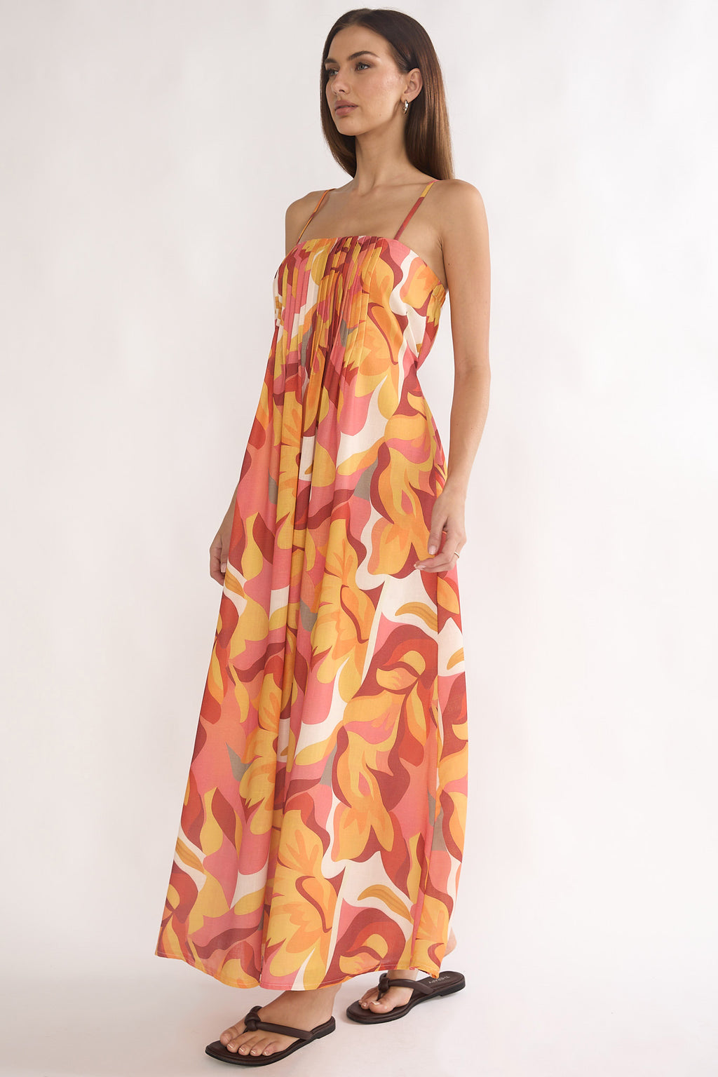 Lysette Pintuck Pleat Maxi Dress Print Orange by Selfie Leslie Australia