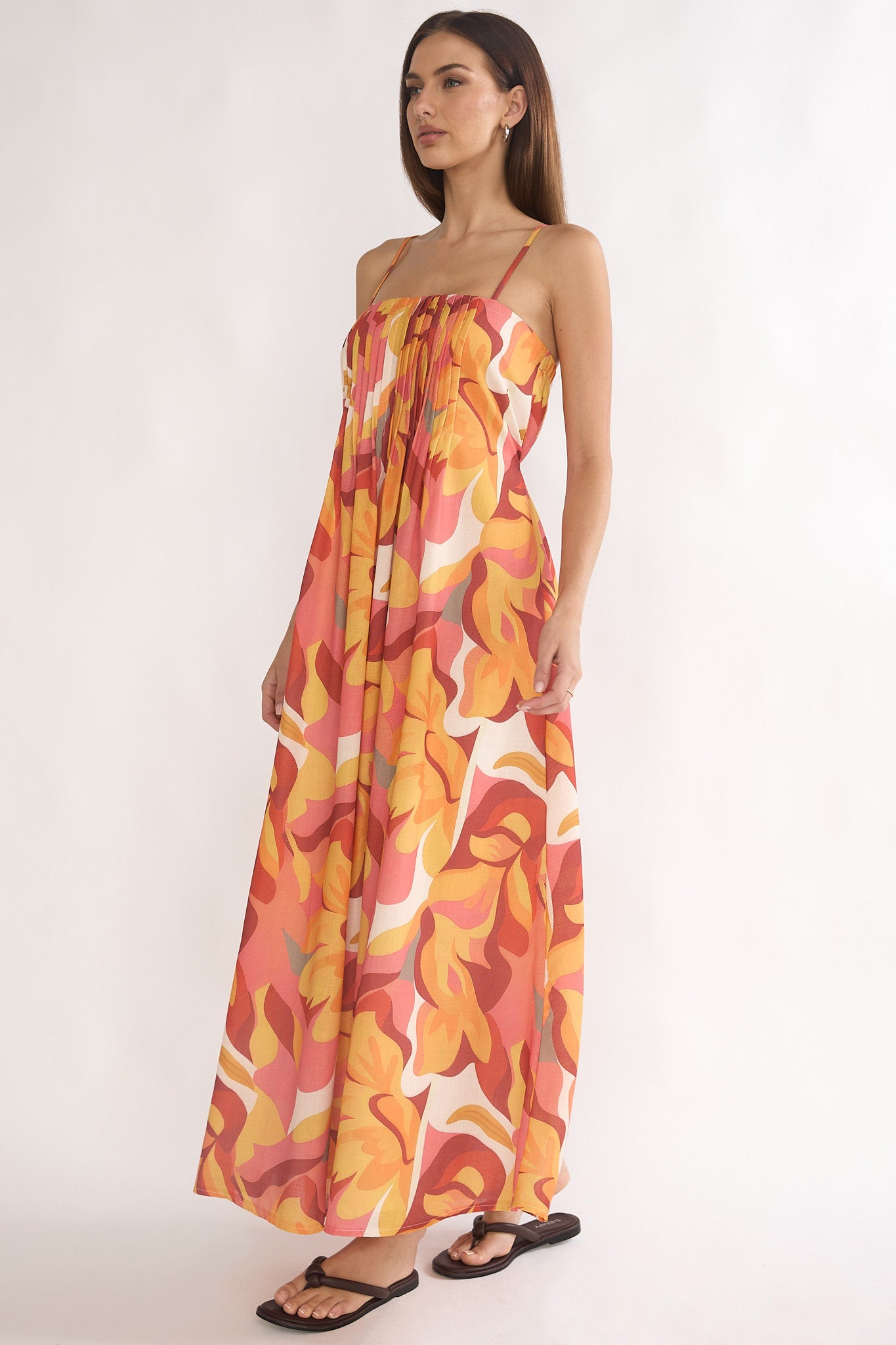Lysette Pintuck Pleat Maxi Dress Print Orange by Selfie Leslie Australia
