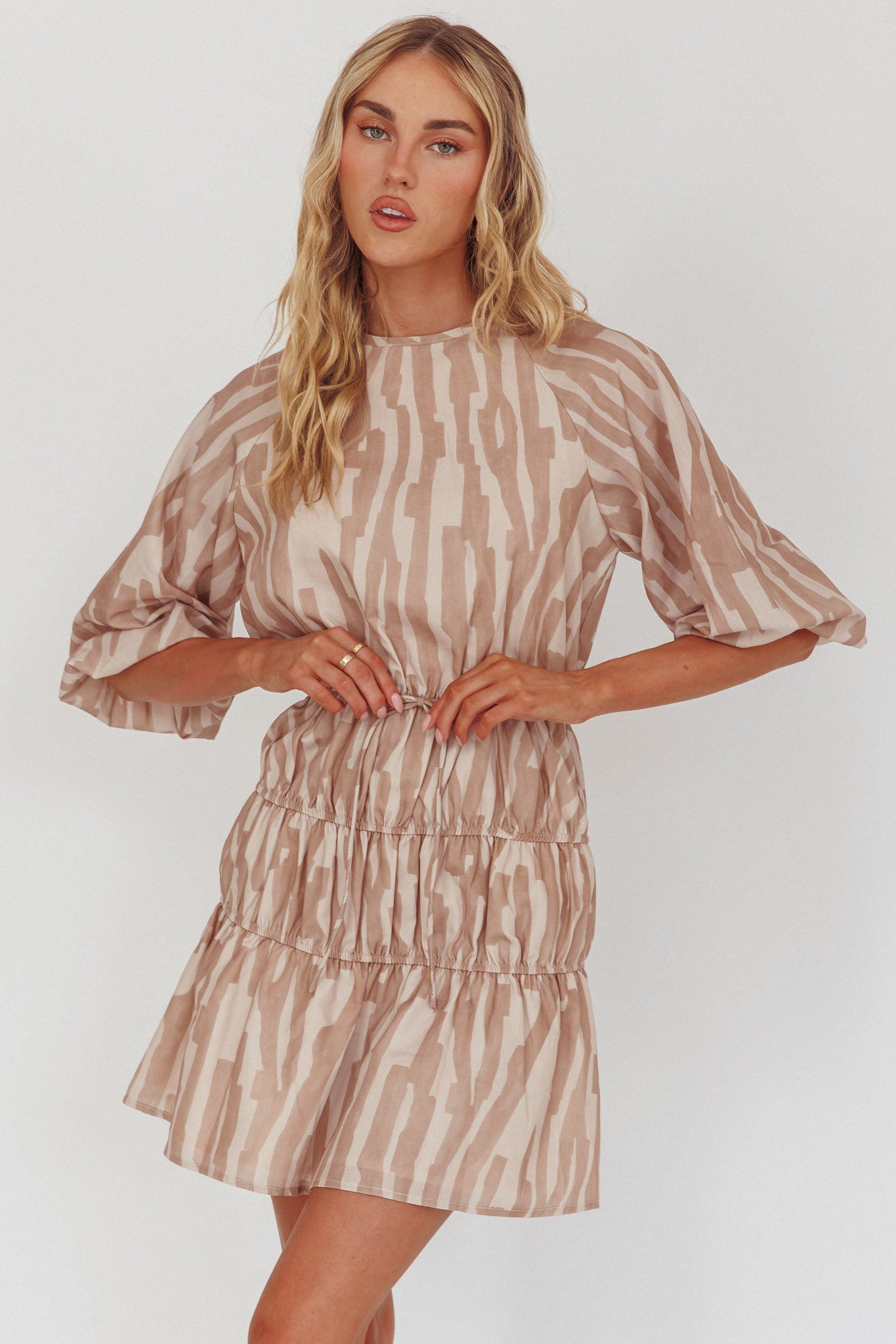 Ezriah Puff Sleeve Mini Dress Print Coffee by Selfie Leslie Australia