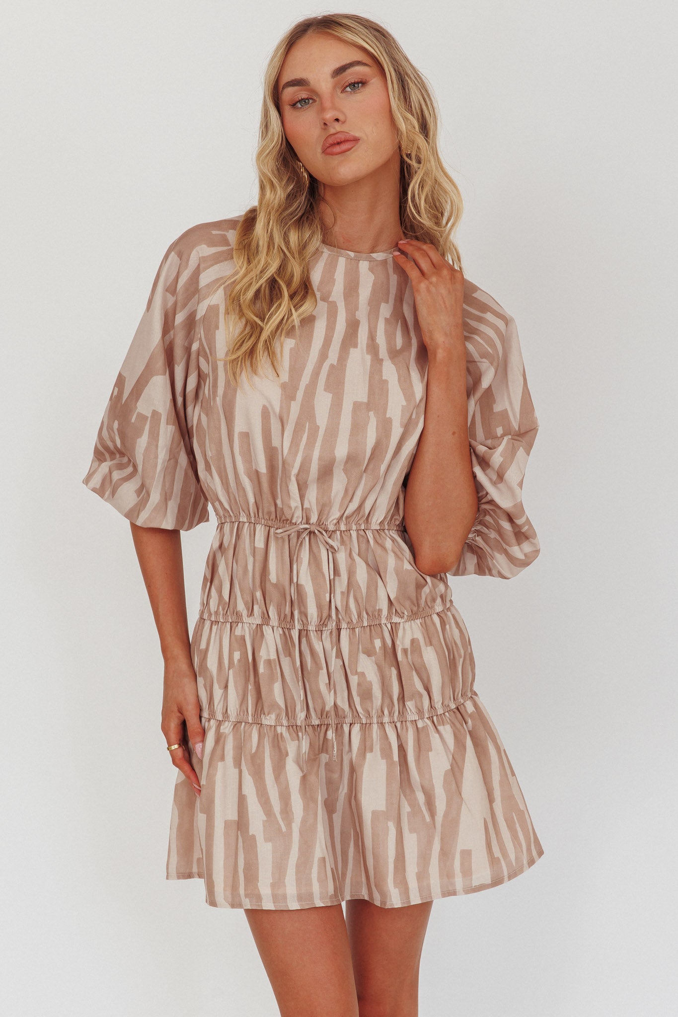 Ezriah Puff Sleeve Mini Dress Print Coffee by Selfie Leslie Australia