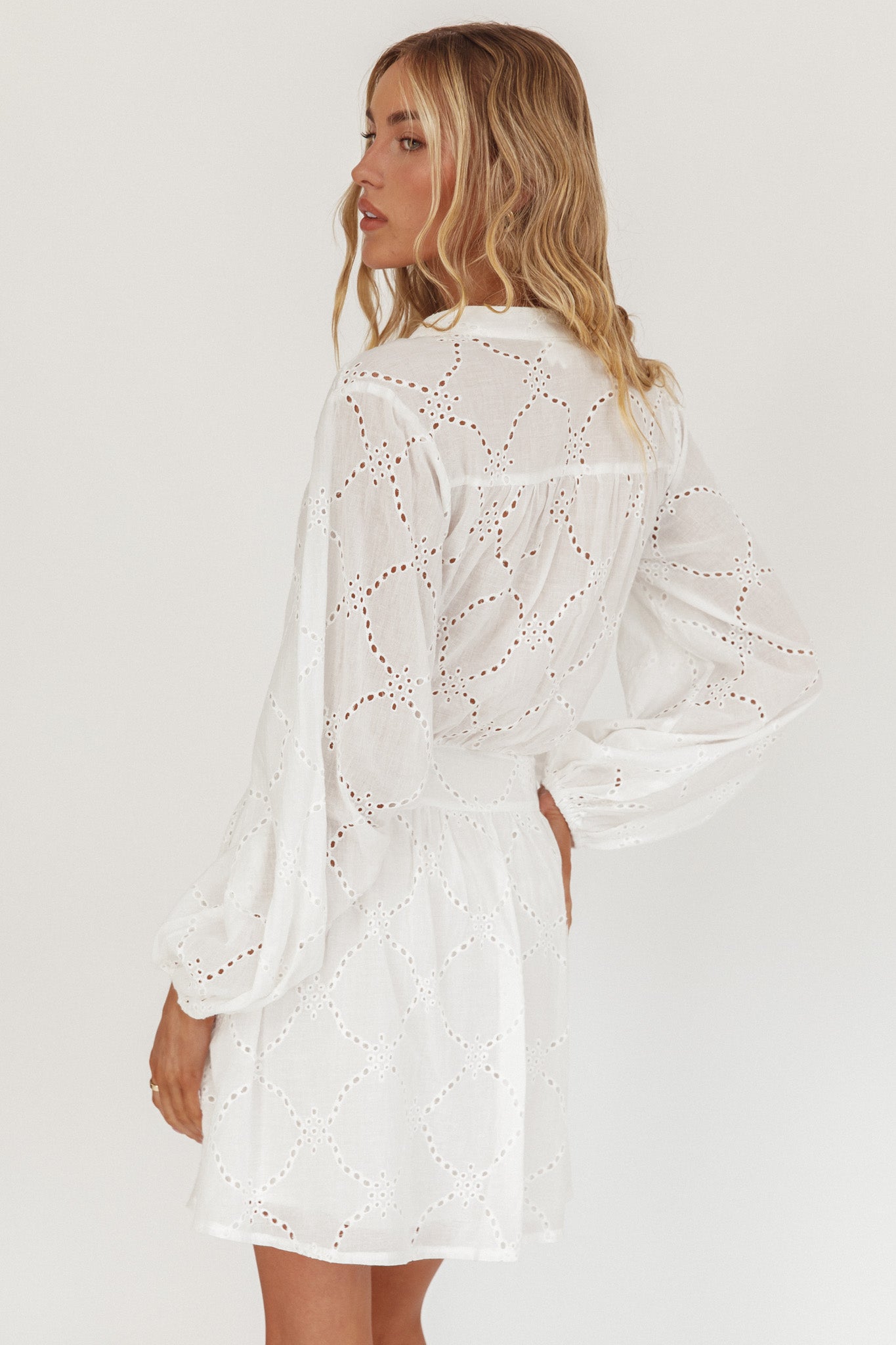 Flossy Eyelet Overlay Tie Mini Dress White by Selfie Leslie Australia