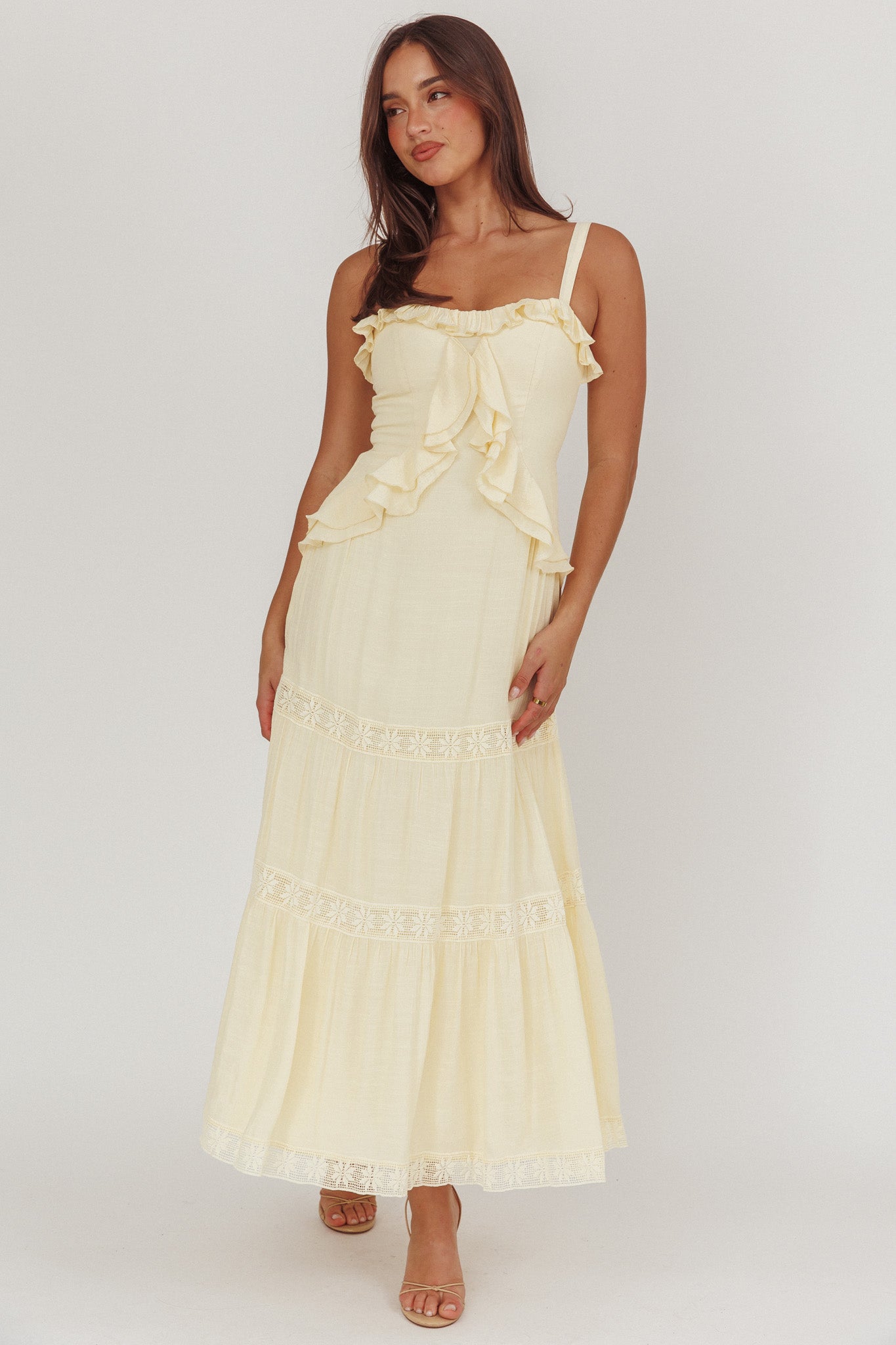 Vienna Sky Frill And Crochet Trim Maxi Dress Cream by Selfie Leslie Australia