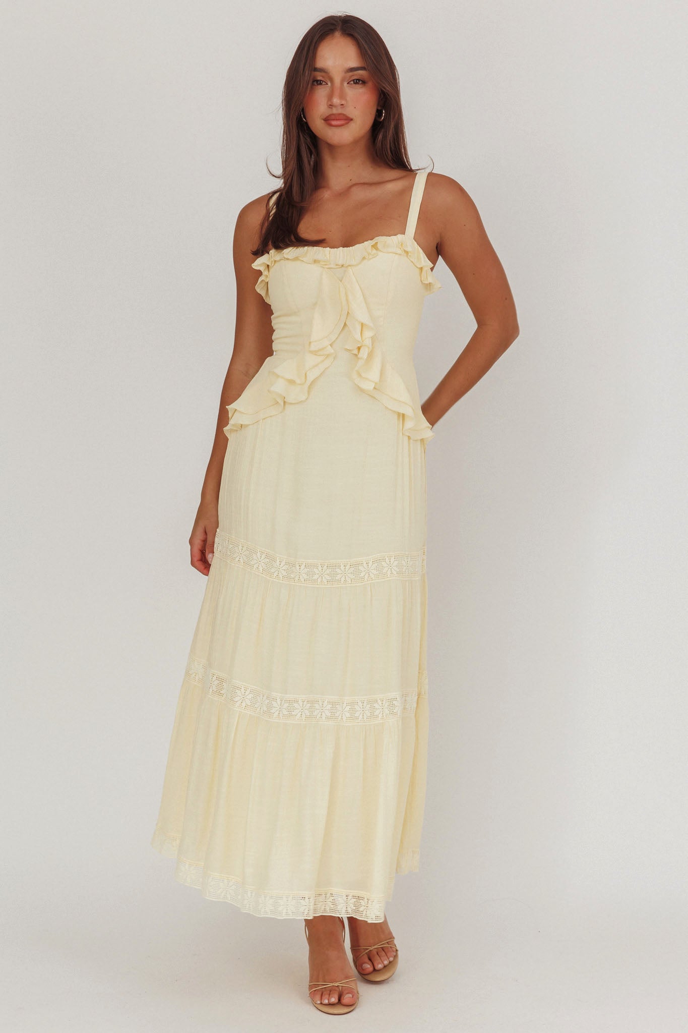Vienna Sky Frill And Crochet Trim Maxi Dress Cream by Selfie Leslie Australia