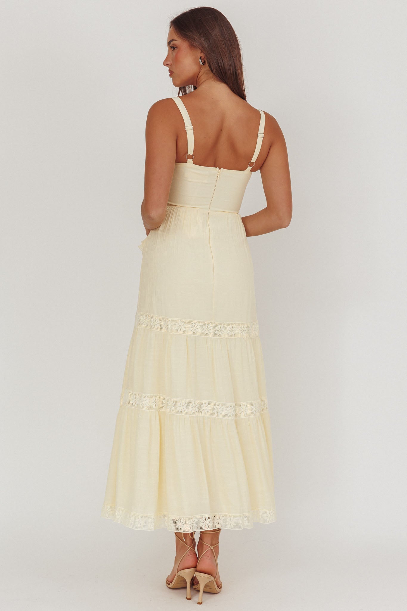 Vienna Sky Frill And Crochet Trim Maxi Dress Cream by Selfie Leslie Australia