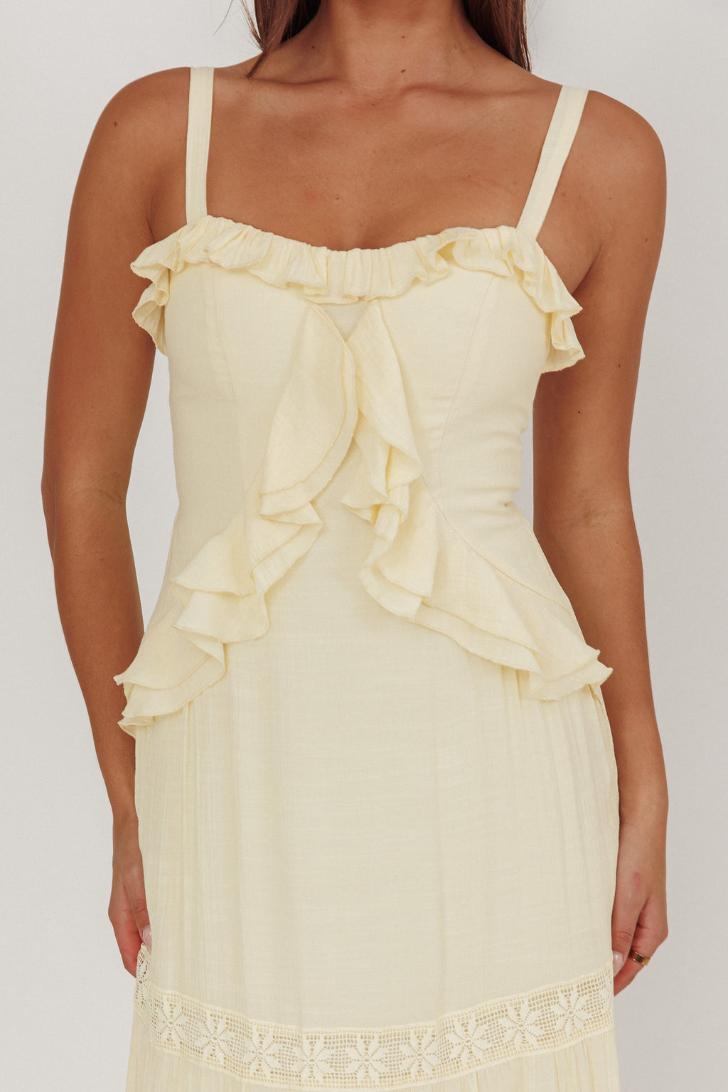 Vienna Sky Frill And Crochet Trim Maxi Dress Cream by Selfie Leslie Australia