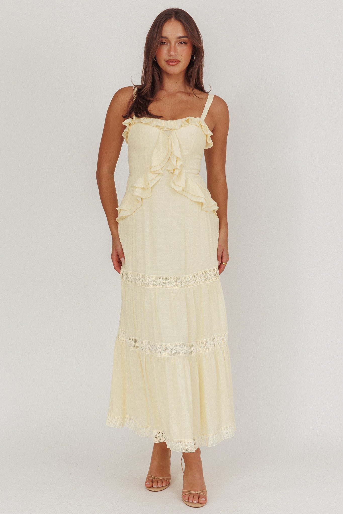 Vienna Sky Frill And Crochet Trim Maxi Dress Cream by Selfie Leslie Australia