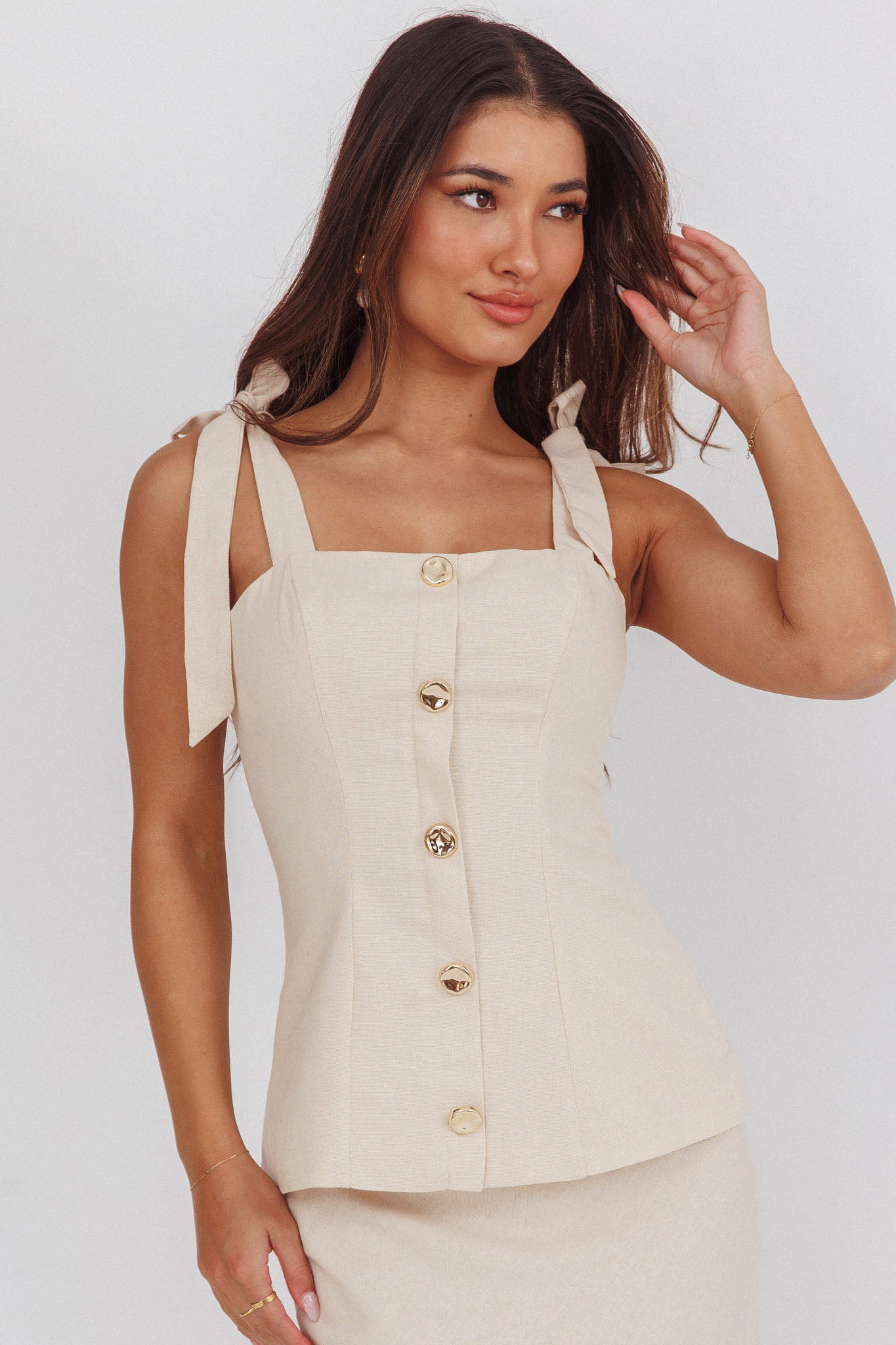 Post It Tied Shoulder Button Front Top Cream by Selfie Leslie Australia