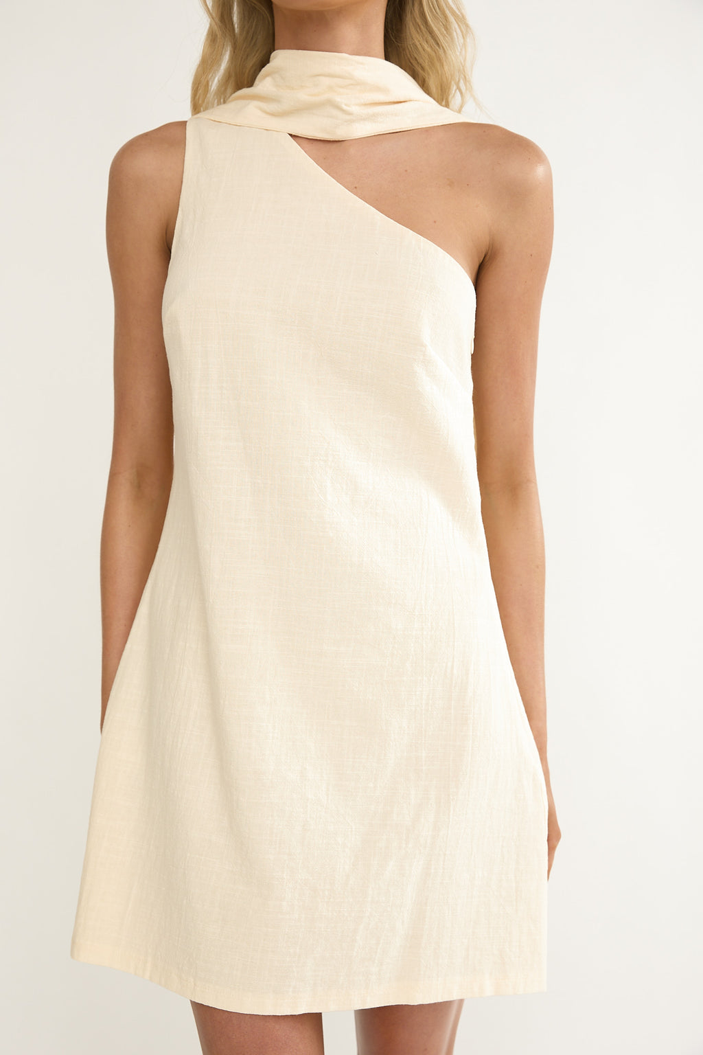 Gizelle One-Shoulder Scarf Mini Dress Oat by Selfie Leslie Australia