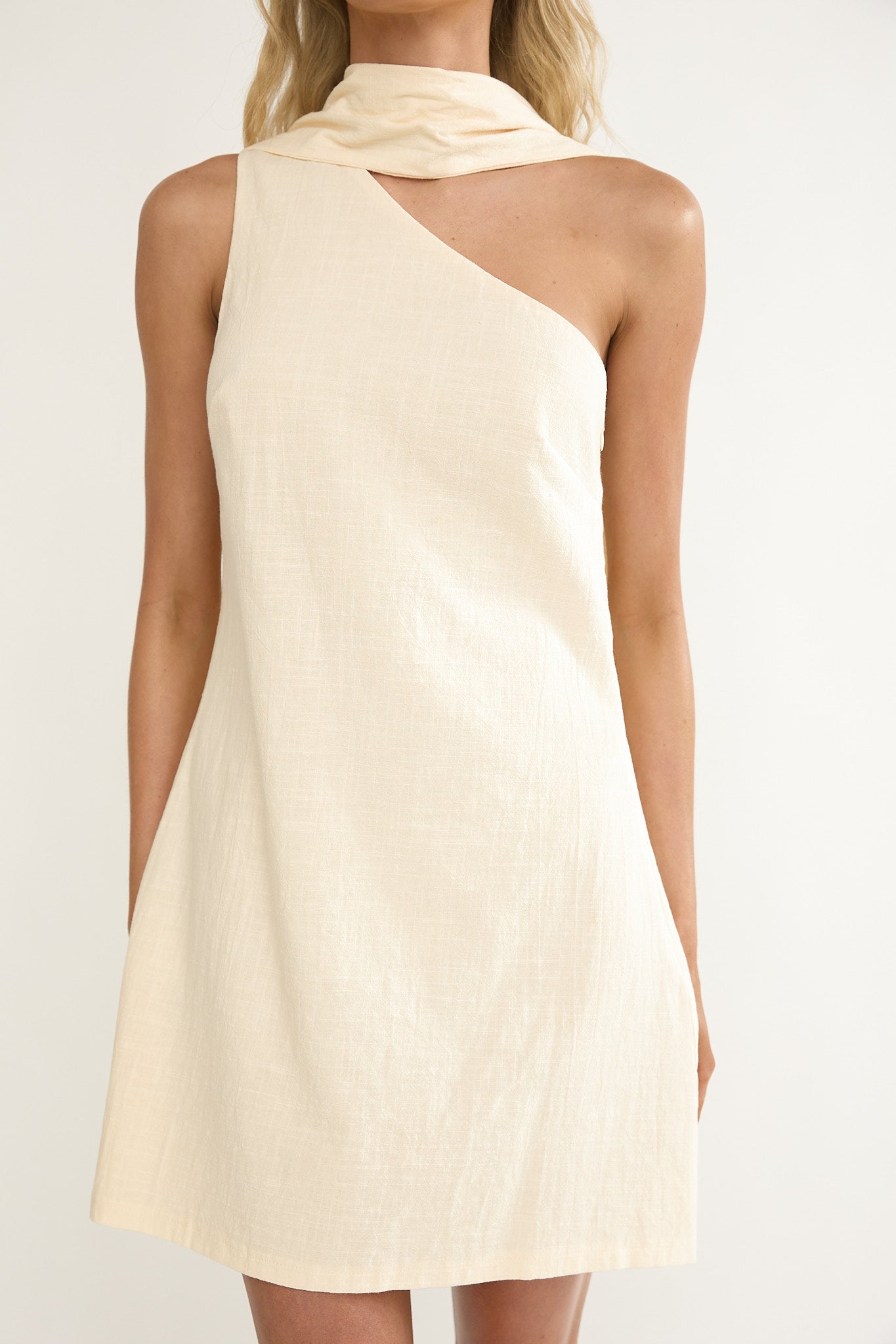 Gizelle One-Shoulder Scarf Mini Dress Oat by Selfie Leslie Australia