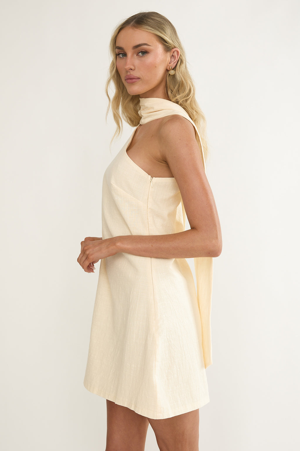 Gizelle One-Shoulder Scarf Mini Dress Oat by Selfie Leslie Australia