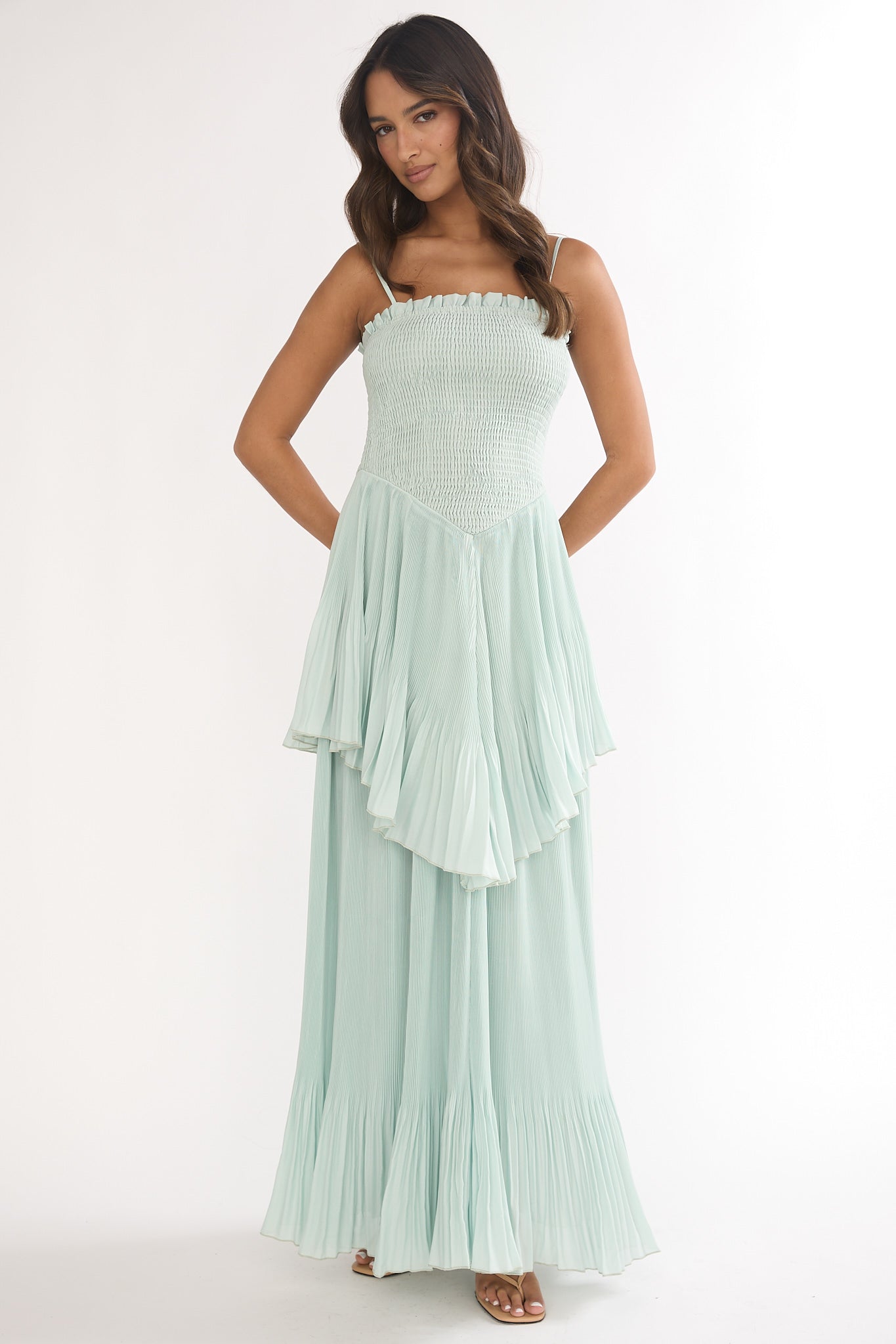 Delin Smocked Layered Maxi Dress Sage by Selfie Leslie Australia