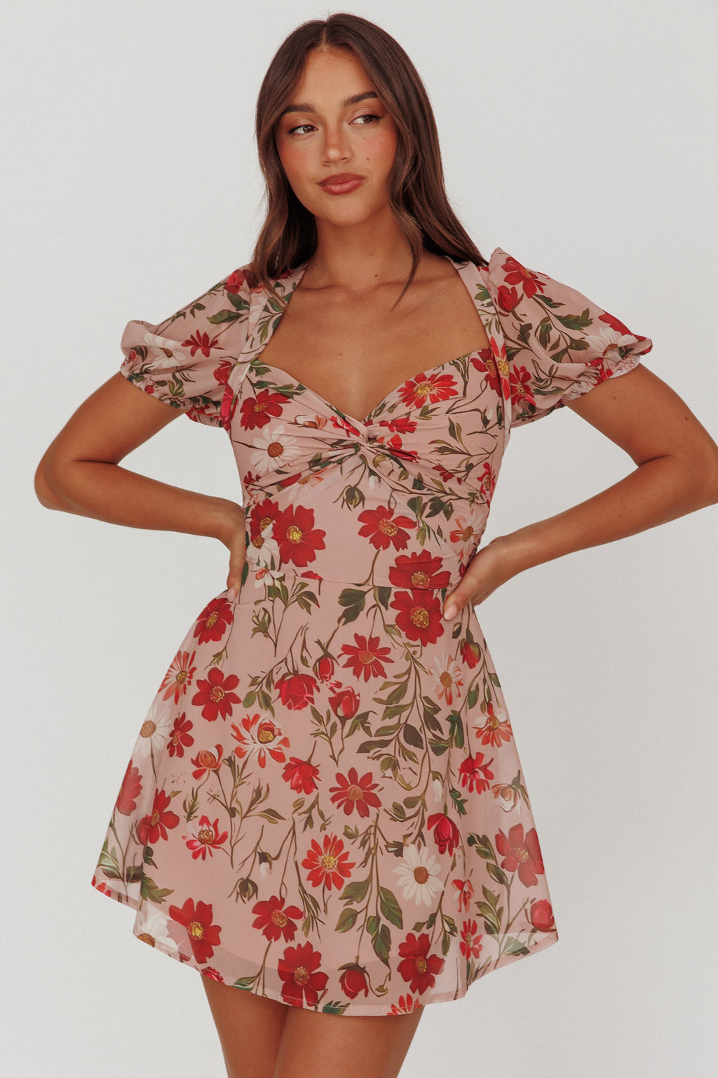 Dillon Twist Bust Mini Dress Floral Beige by Selfie Leslie Australia
