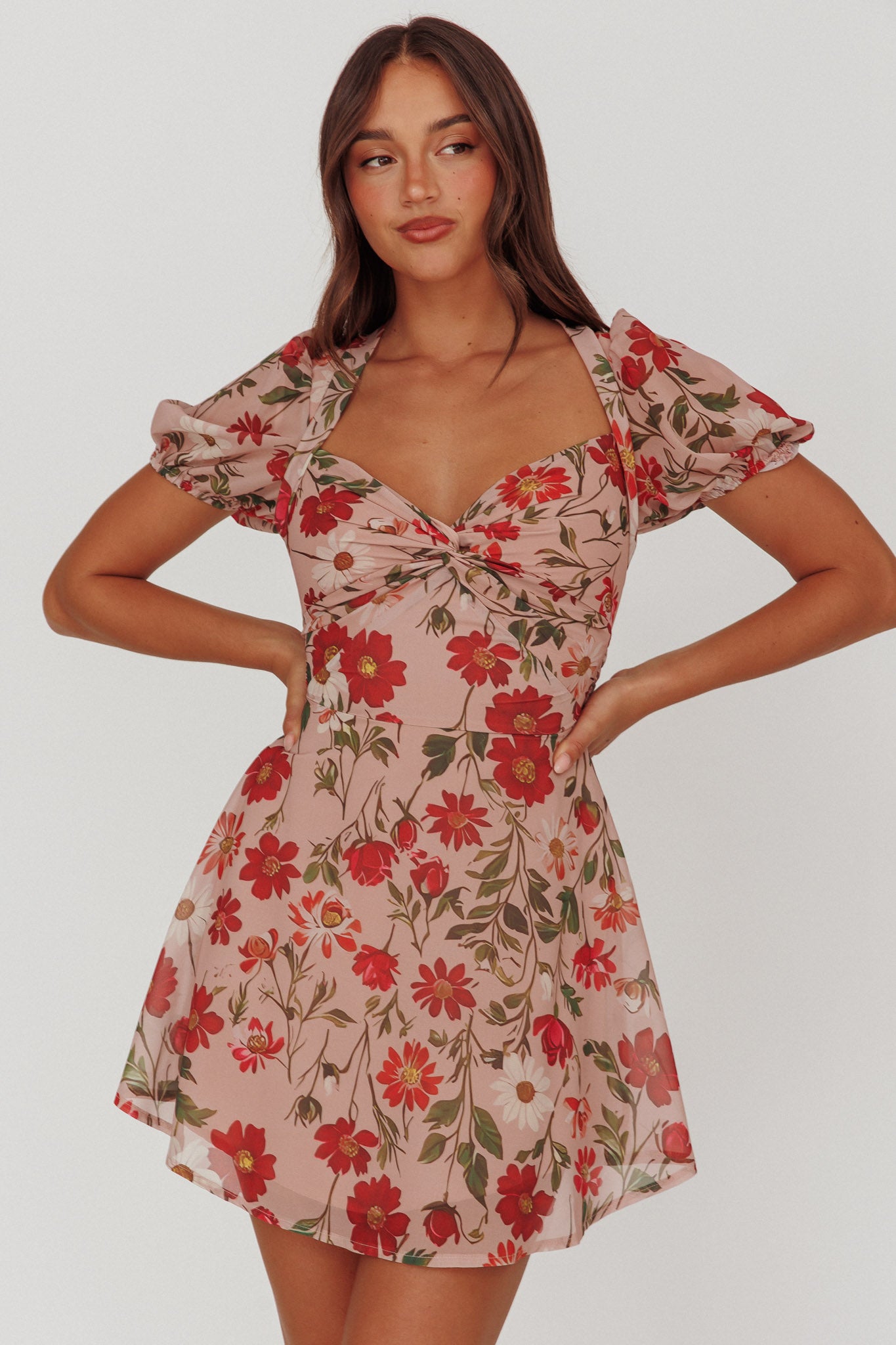Dillon Twist Bust Mini Dress Floral Beige by Selfie Leslie Australia