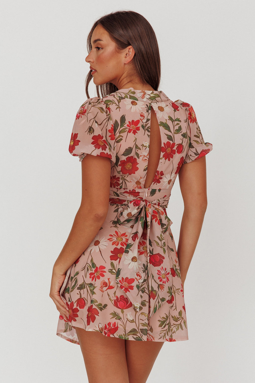 Dillon Twist Bust Mini Dress Floral Beige by Selfie Leslie Australia