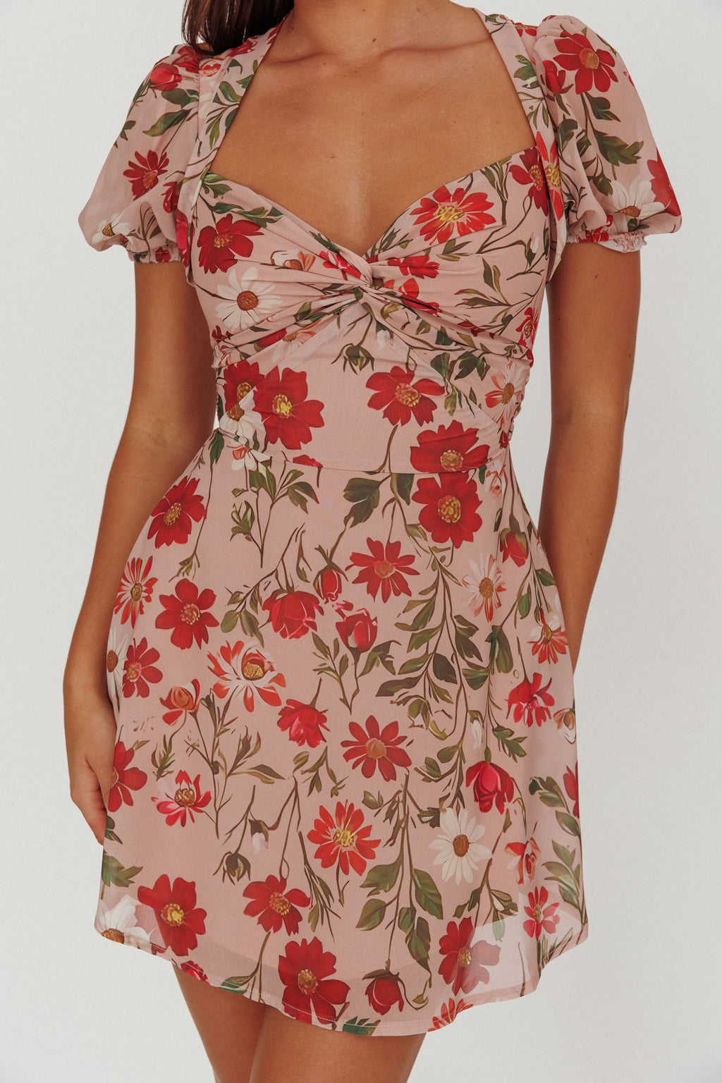 Dillon Twist Bust Mini Dress Floral Beige by Selfie Leslie Australia