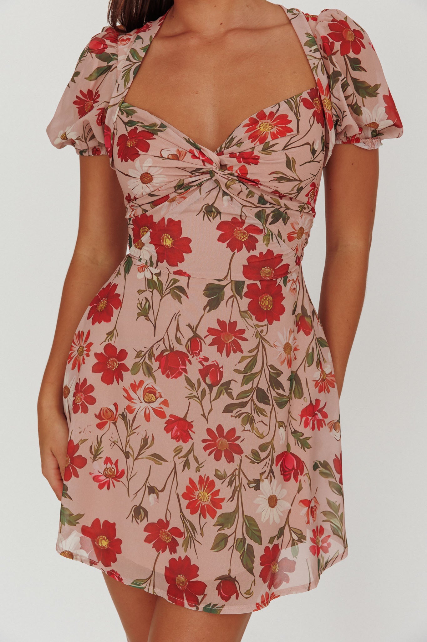 Dillon Twist Bust Mini Dress Floral Beige by Selfie Leslie Australia