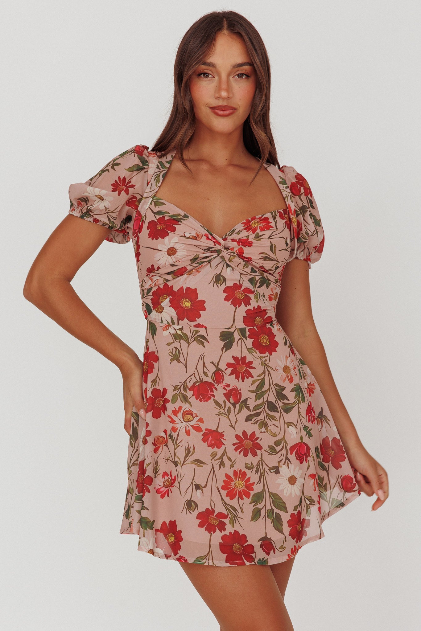 Dillon Twist Bust Mini Dress Floral Beige by Selfie Leslie Australia
