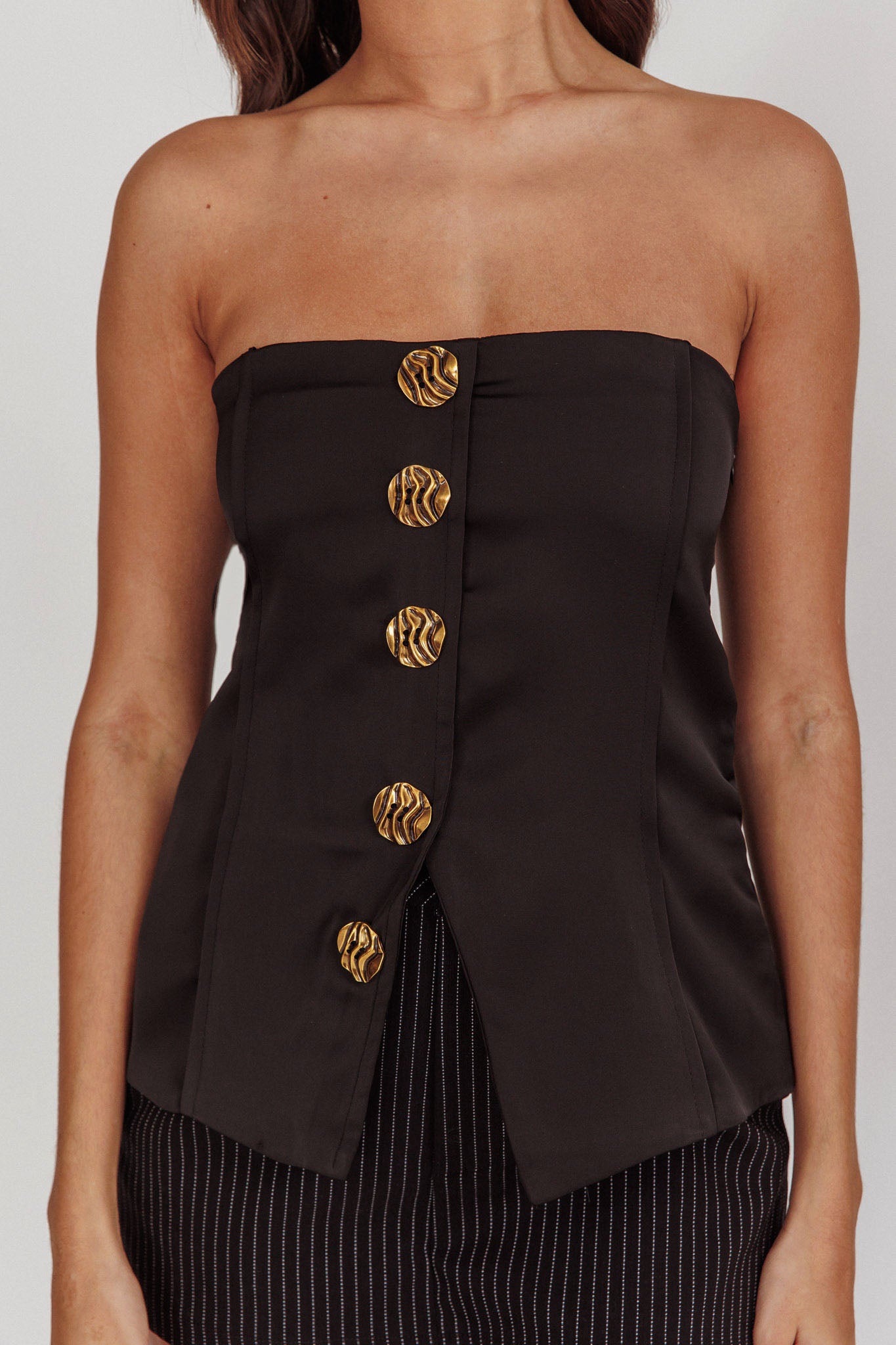 Danni Strapless Gold Button Top Black by Selfie Leslie Australia