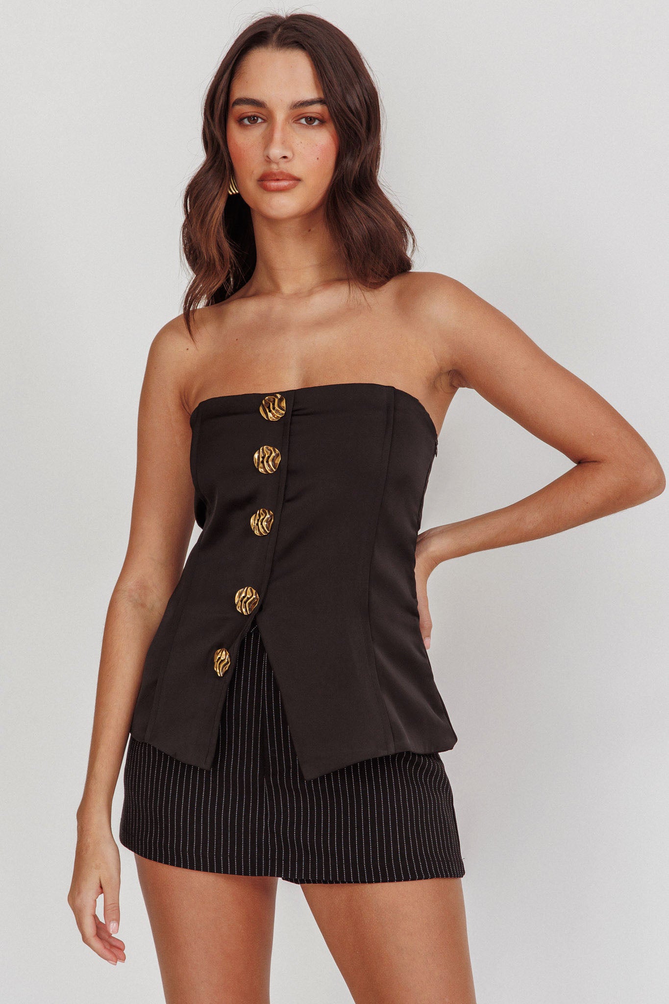 Danni Strapless Gold Button Top Black by Selfie Leslie Australia