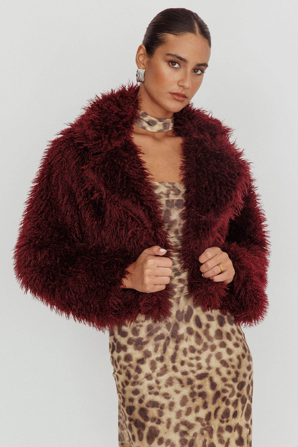 Aland Fuzzy Faux Fur Jacket Wine by Selfie Leslie Australia