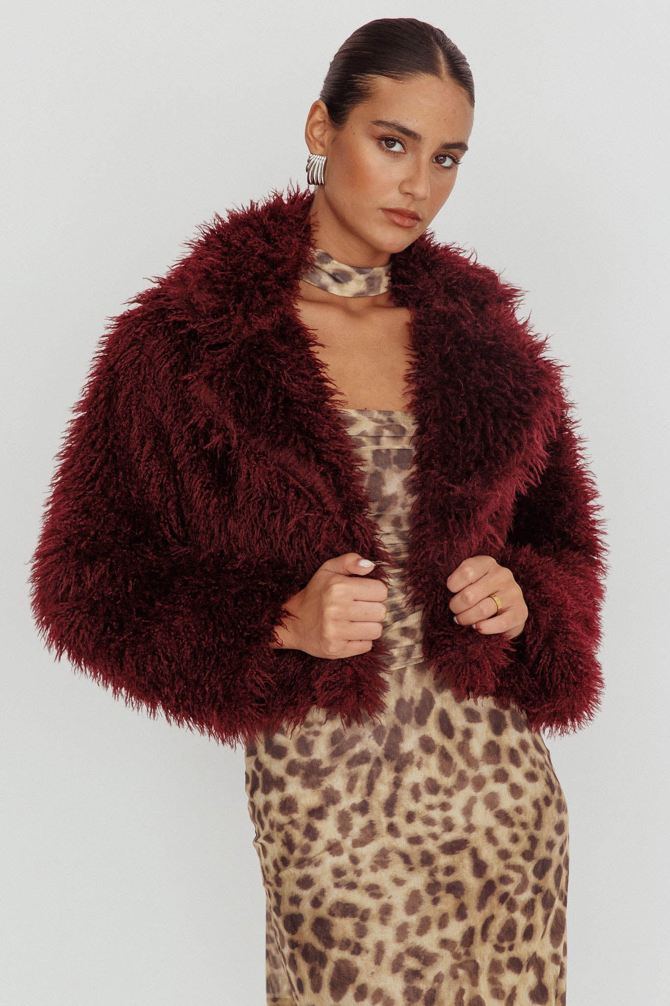 Aland Fuzzy Faux Fur Jacket Wine by Selfie Leslie Australia