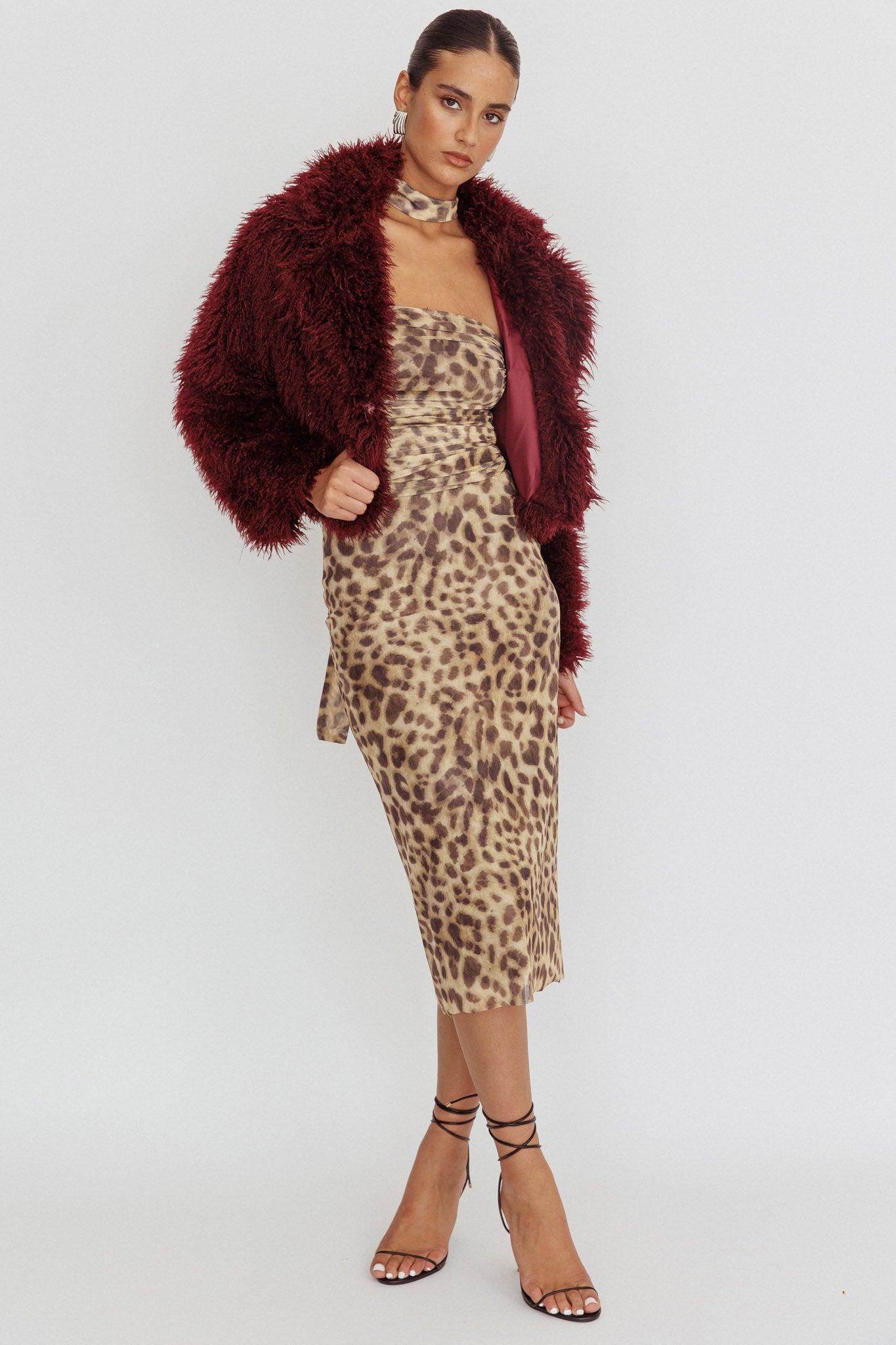 Aland Fuzzy Faux Fur Jacket Wine by Selfie Leslie Australia