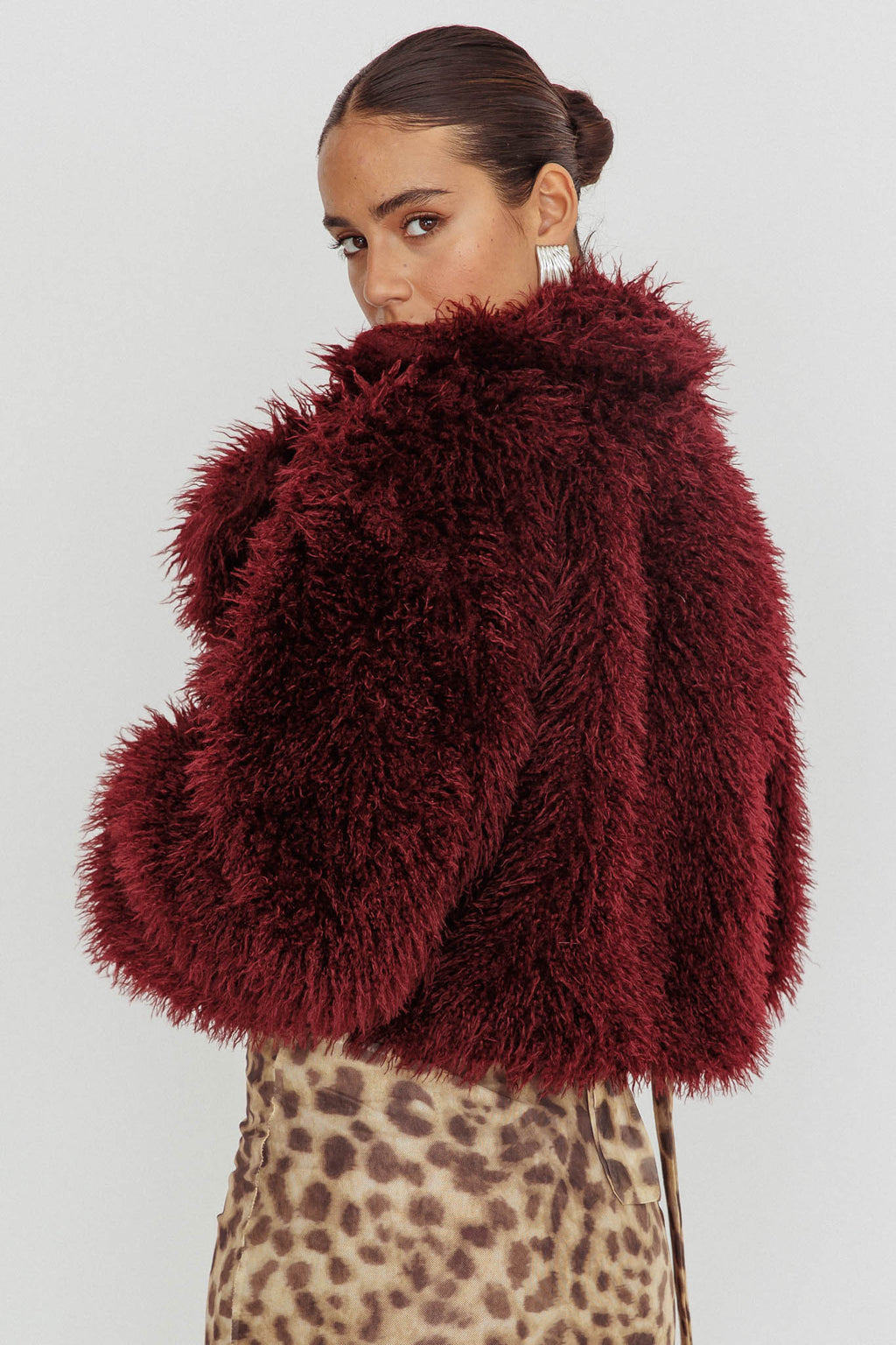 Aland Fuzzy Faux Fur Jacket Wine by Selfie Leslie Australia