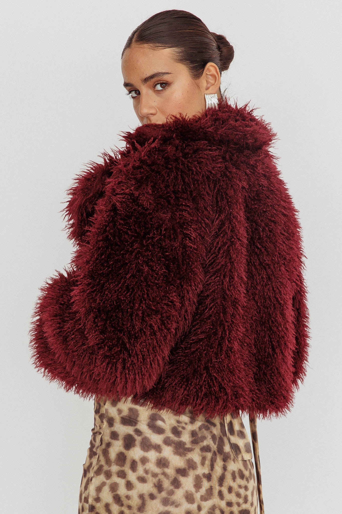 Aland Fuzzy Faux Fur Jacket Wine by Selfie Leslie Australia