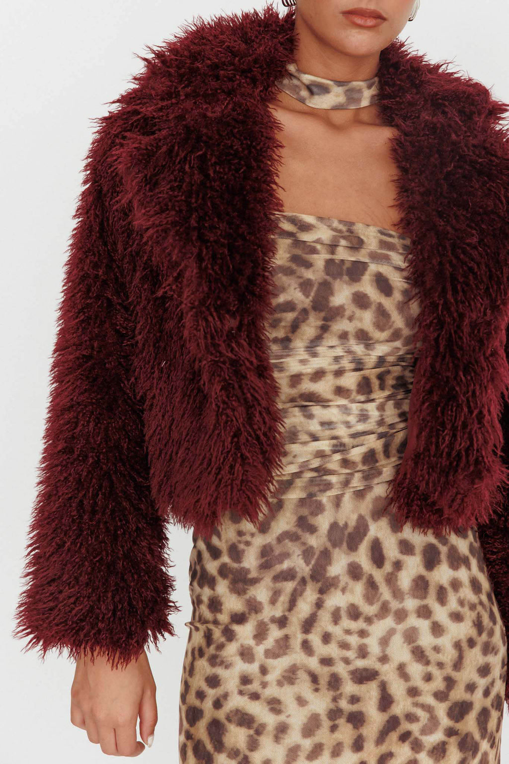 Aland Fuzzy Faux Fur Jacket Wine by Selfie Leslie Australia