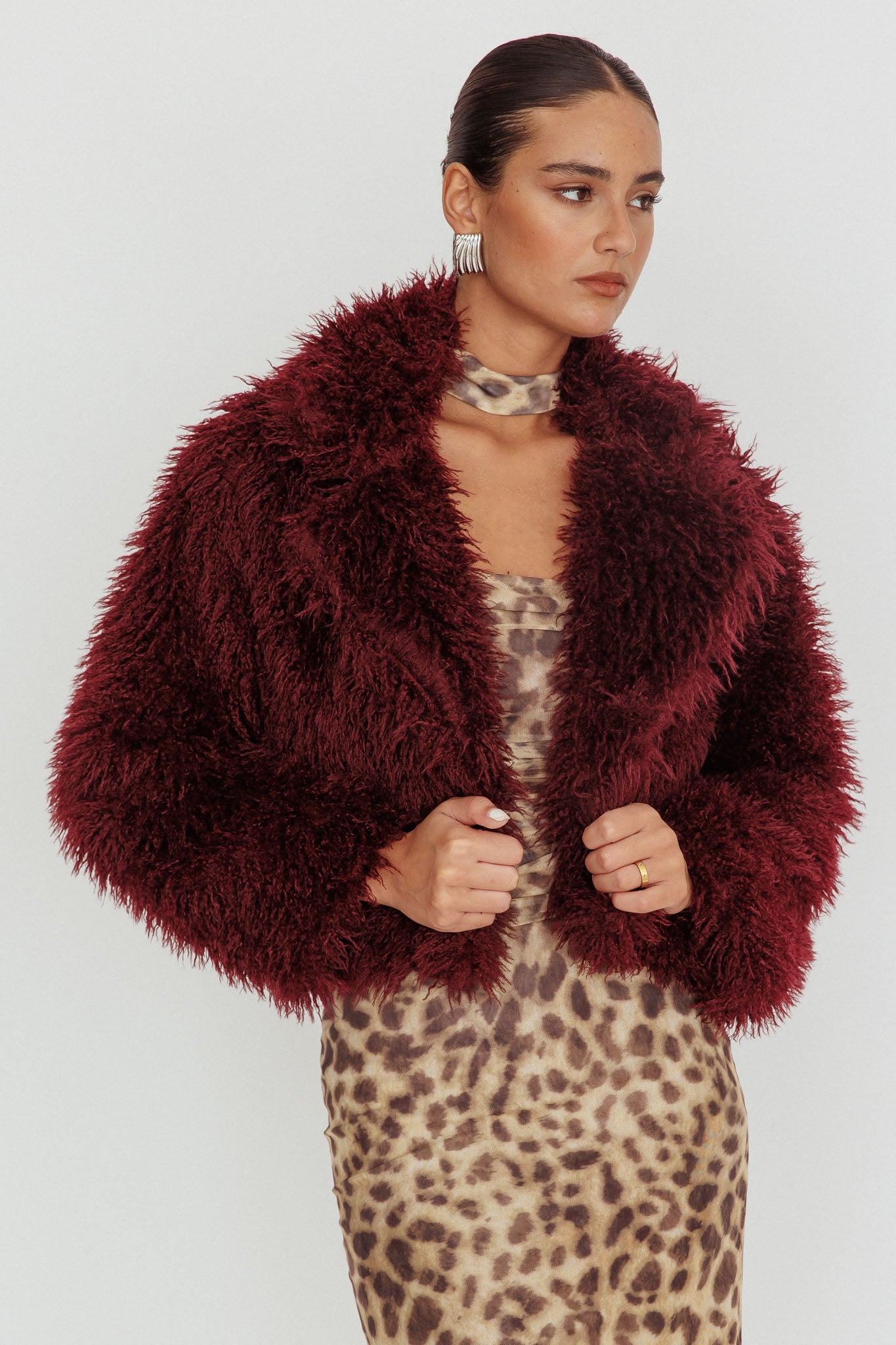 Aland Fuzzy Faux Fur Jacket Wine by Selfie Leslie Australia