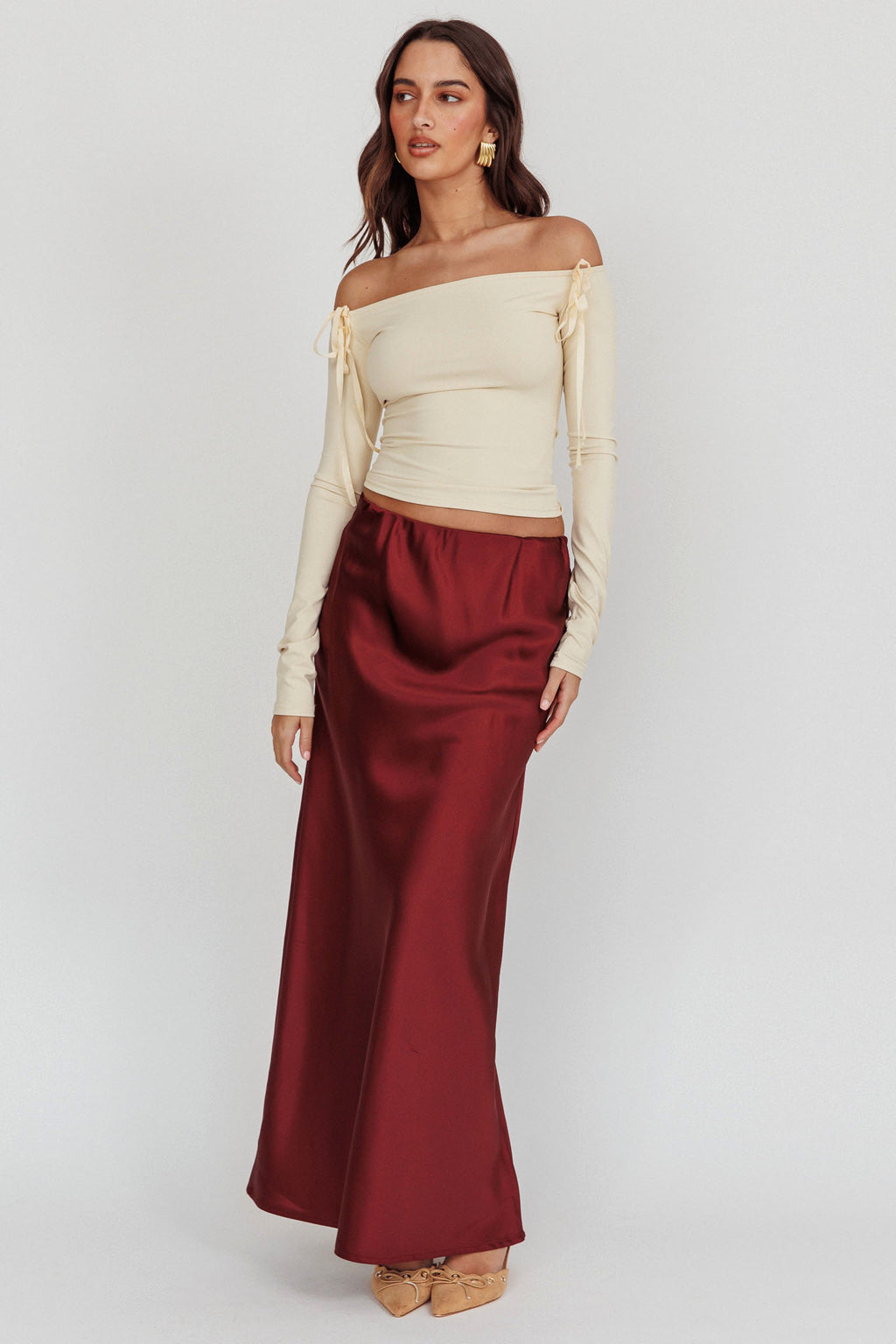 Cherubim Satin Maxi Skirt Wine by Selfie Leslie Australia