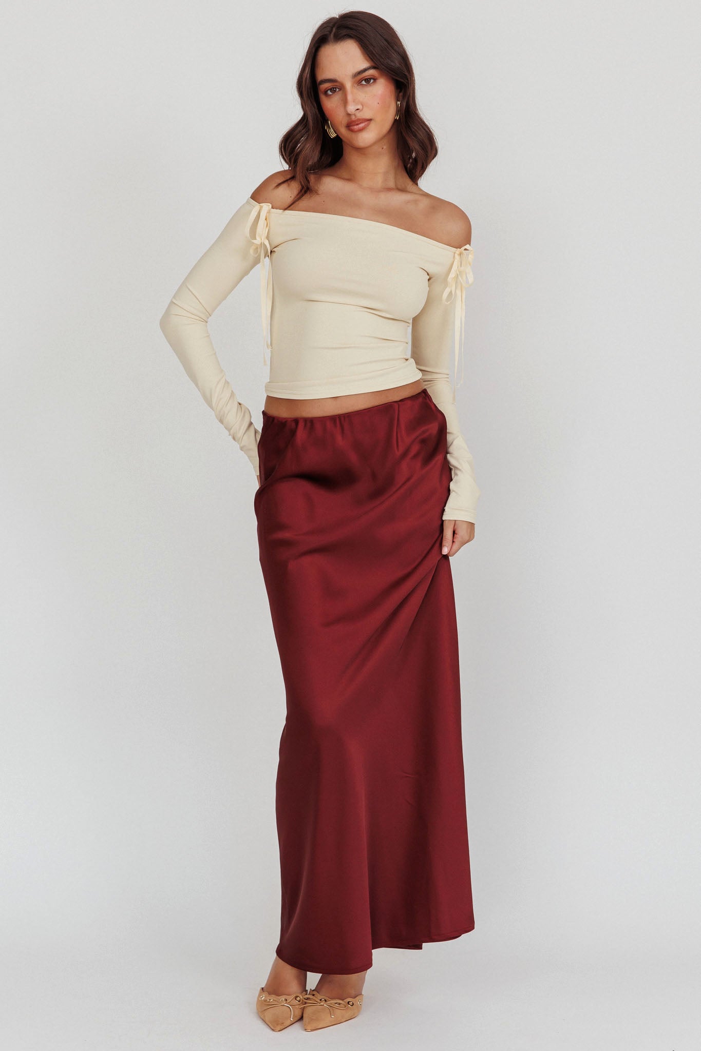 Cherubim Satin Maxi Skirt Wine by Selfie Leslie Australia
