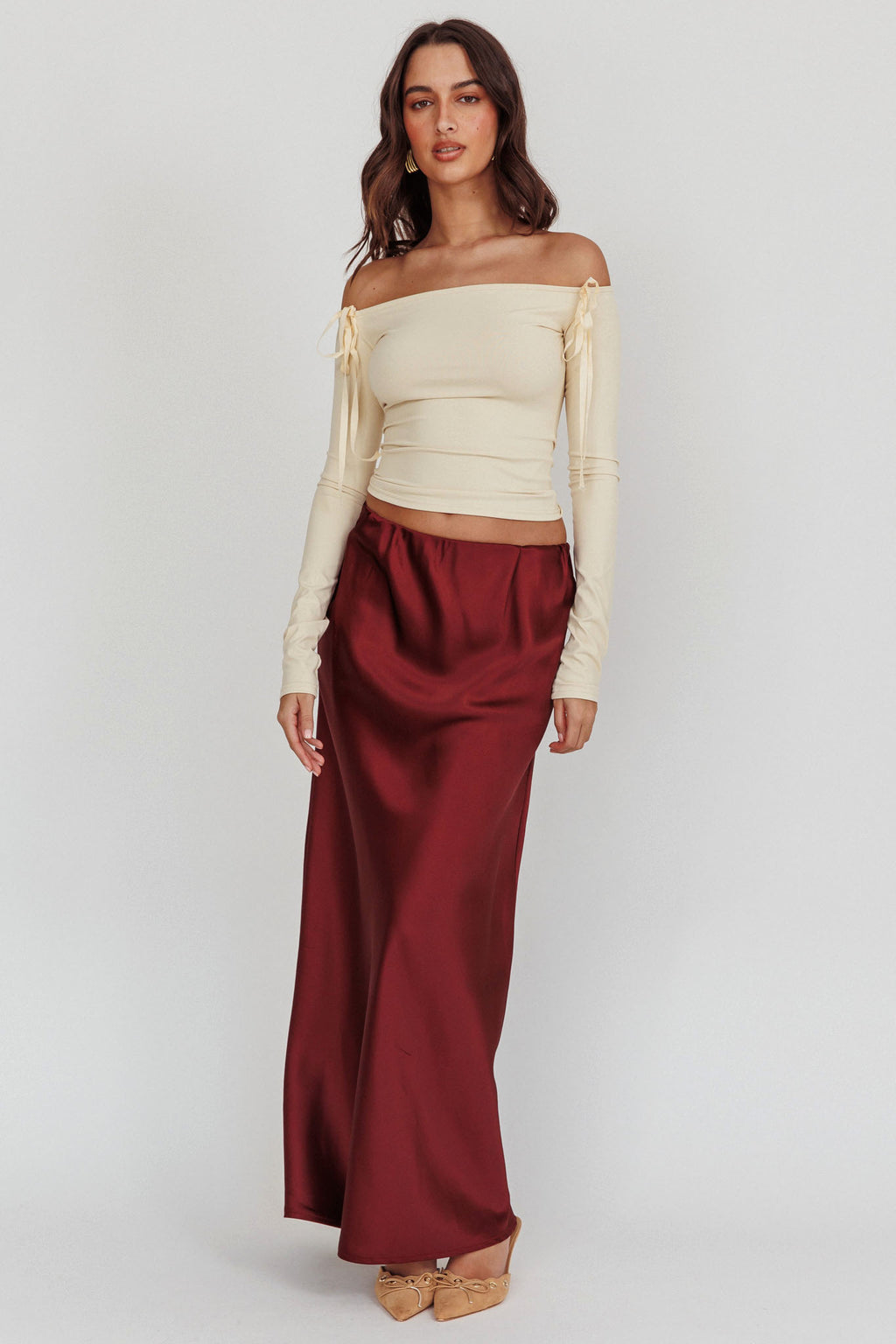 Cherubim Satin Maxi Skirt Wine by Selfie Leslie Australia