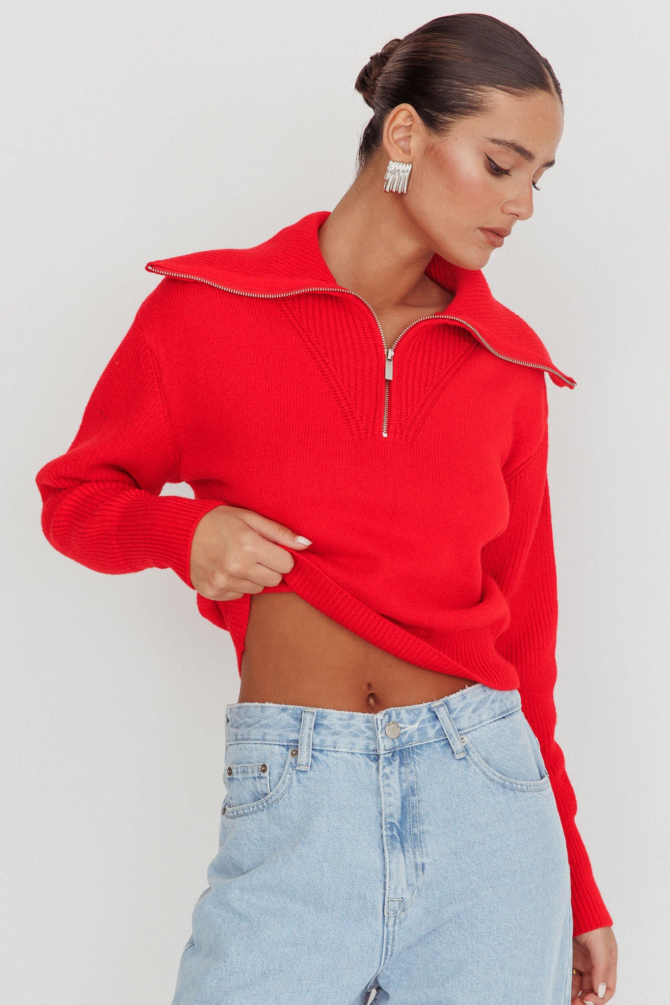 Dawneta Half Zipper Knit Pullover Red by Selfie Leslie Australia
