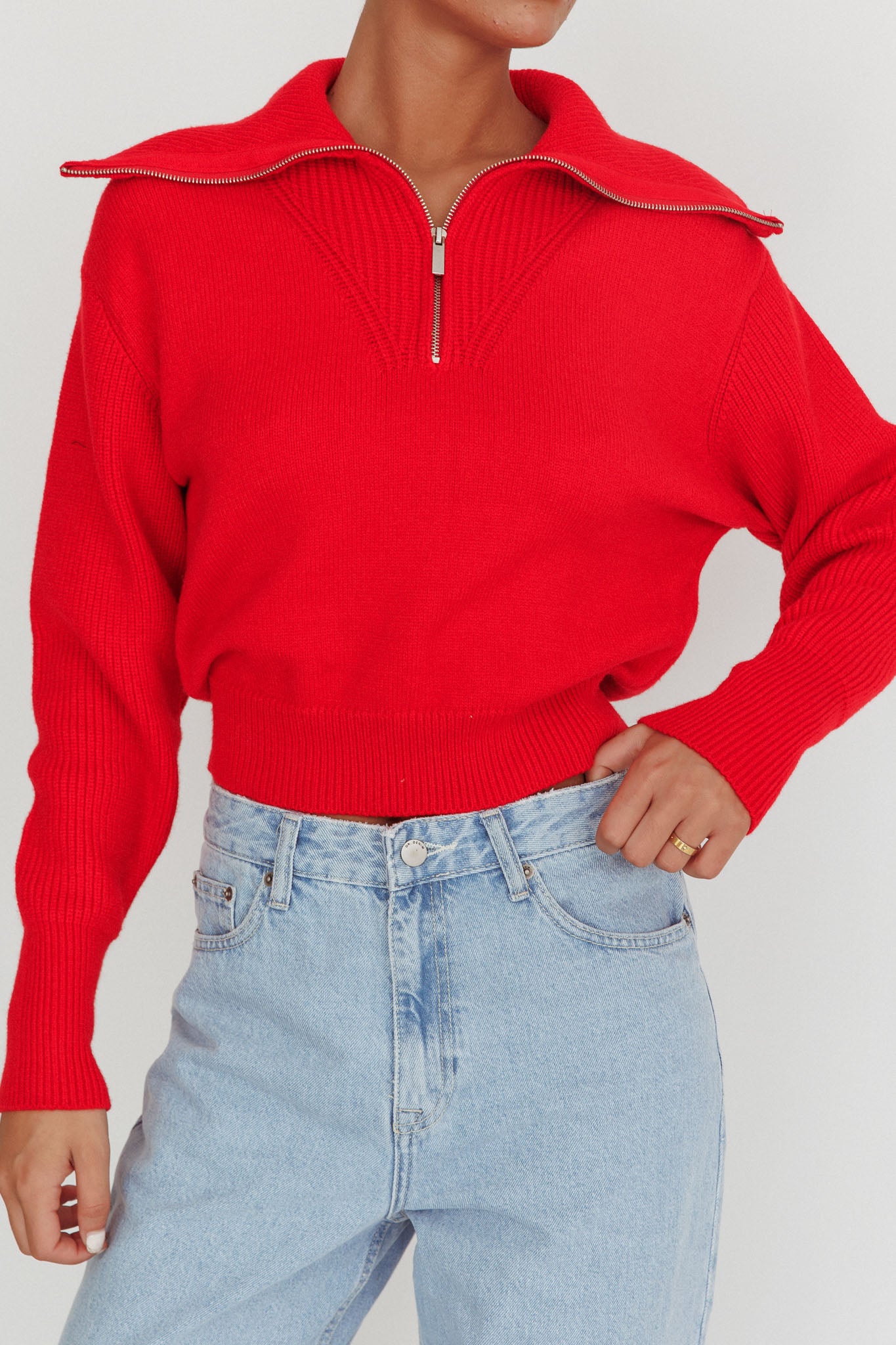 Dawneta Half Zipper Knit Pullover Red by Selfie Leslie Australia