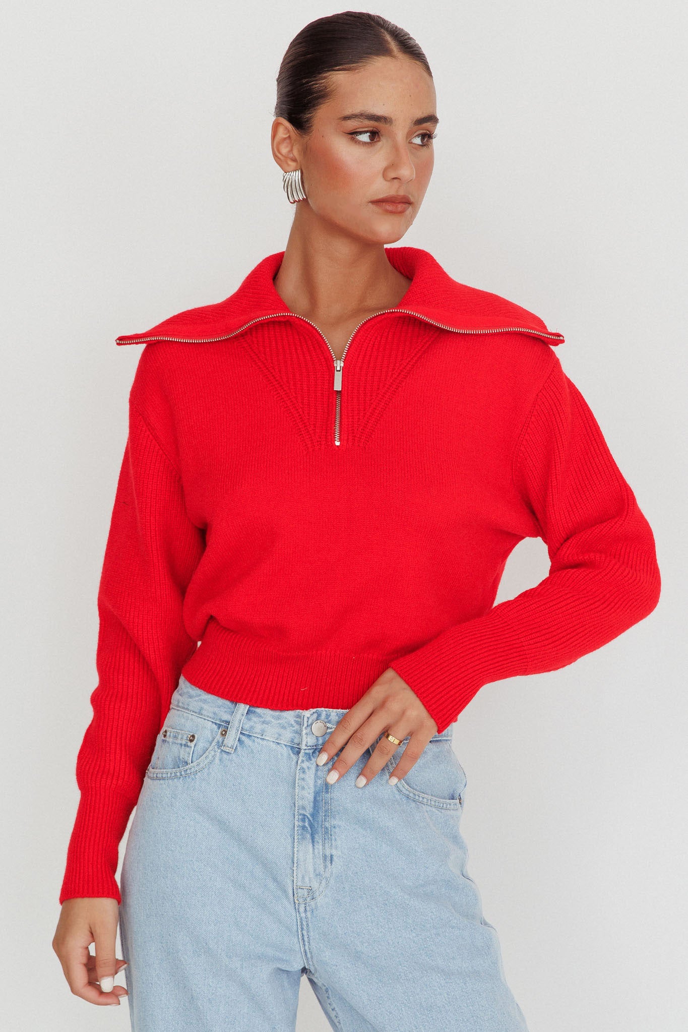 Dawneta Half Zipper Knit Pullover Red by Selfie Leslie Australia