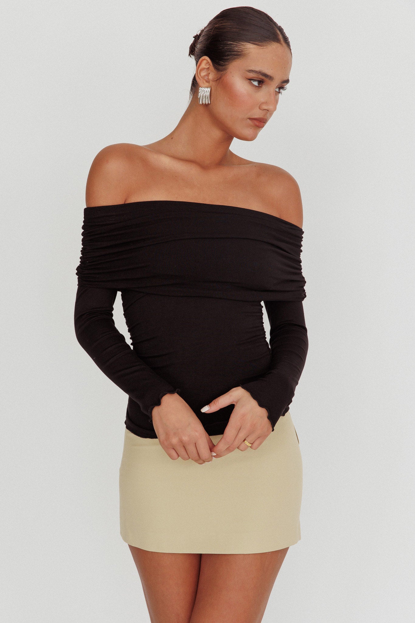 Ricki Off-Shoulder Long Sleeve Top Black by Selfie Leslie Australia