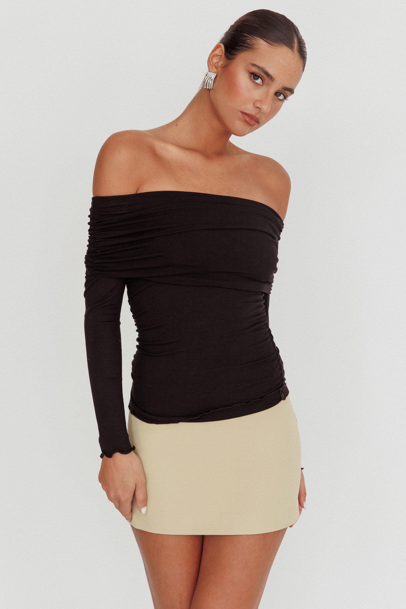 Ricki Off-Shoulder Long Sleeve Top Black by Selfie Leslie Australia