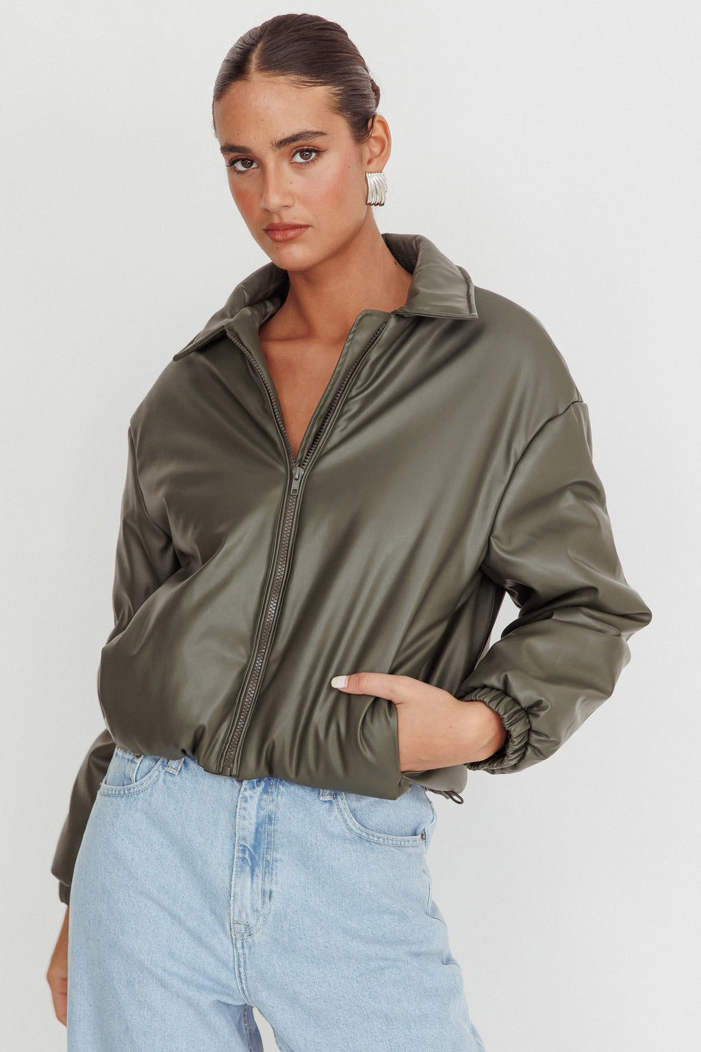 Faroe Drawstring Waist Puff Jacket Green by Selfie Leslie Australia