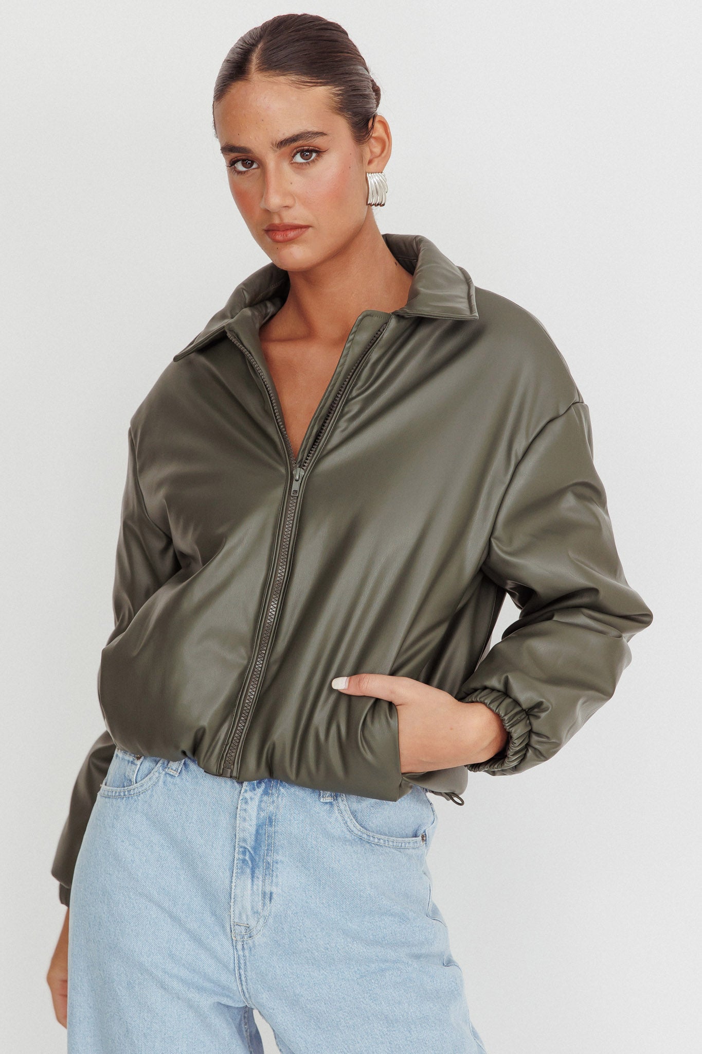 Faroe Drawstring Waist Puff Jacket Green by Selfie Leslie Australia