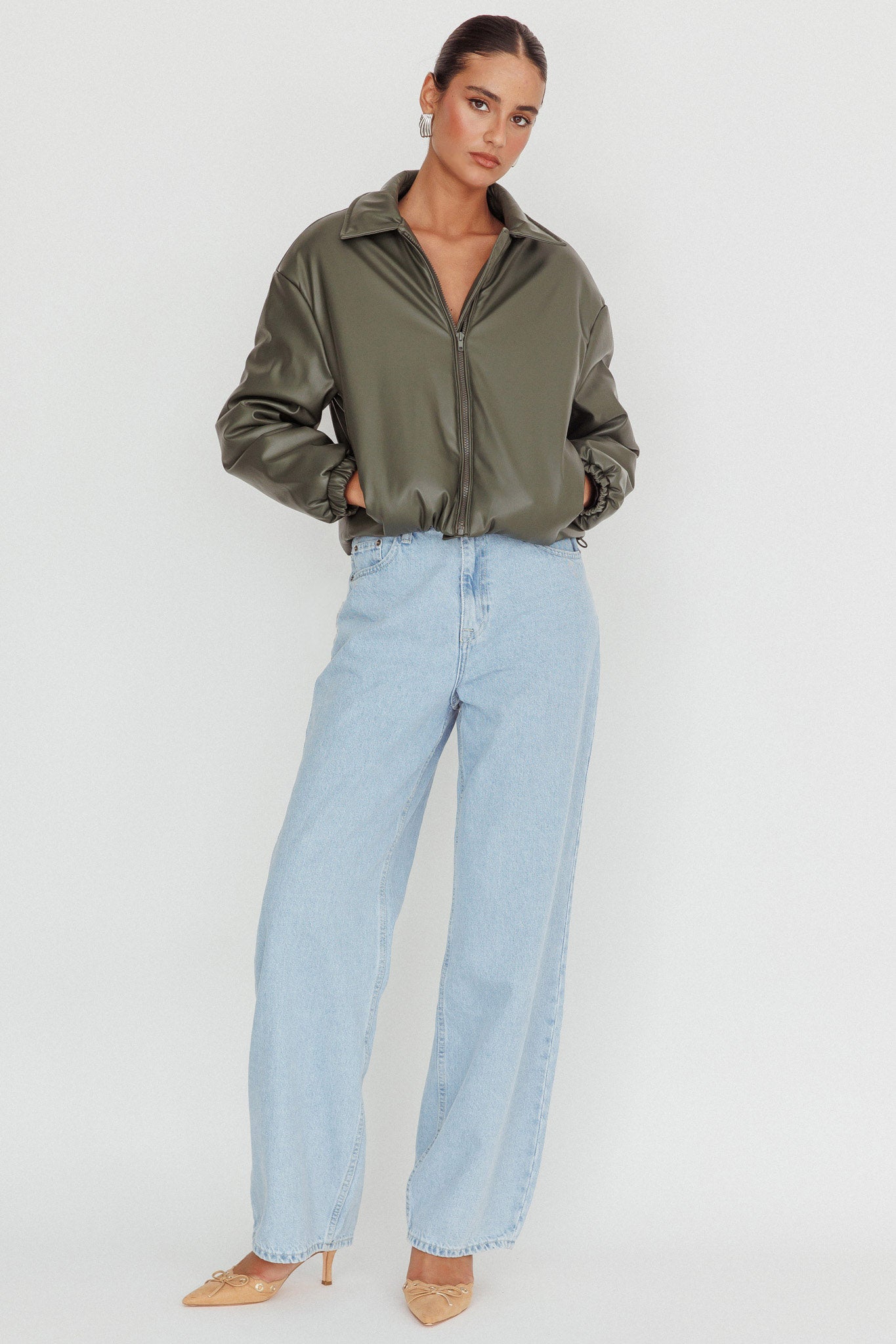 Faroe Drawstring Waist Puff Jacket Green by Selfie Leslie Australia