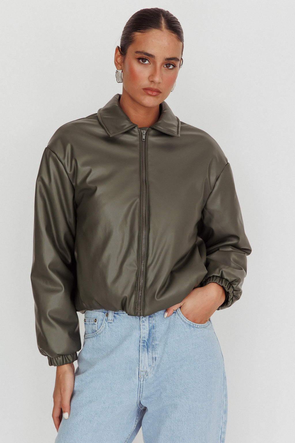 Faroe Drawstring Waist Puff Jacket Green by Selfie Leslie Australia