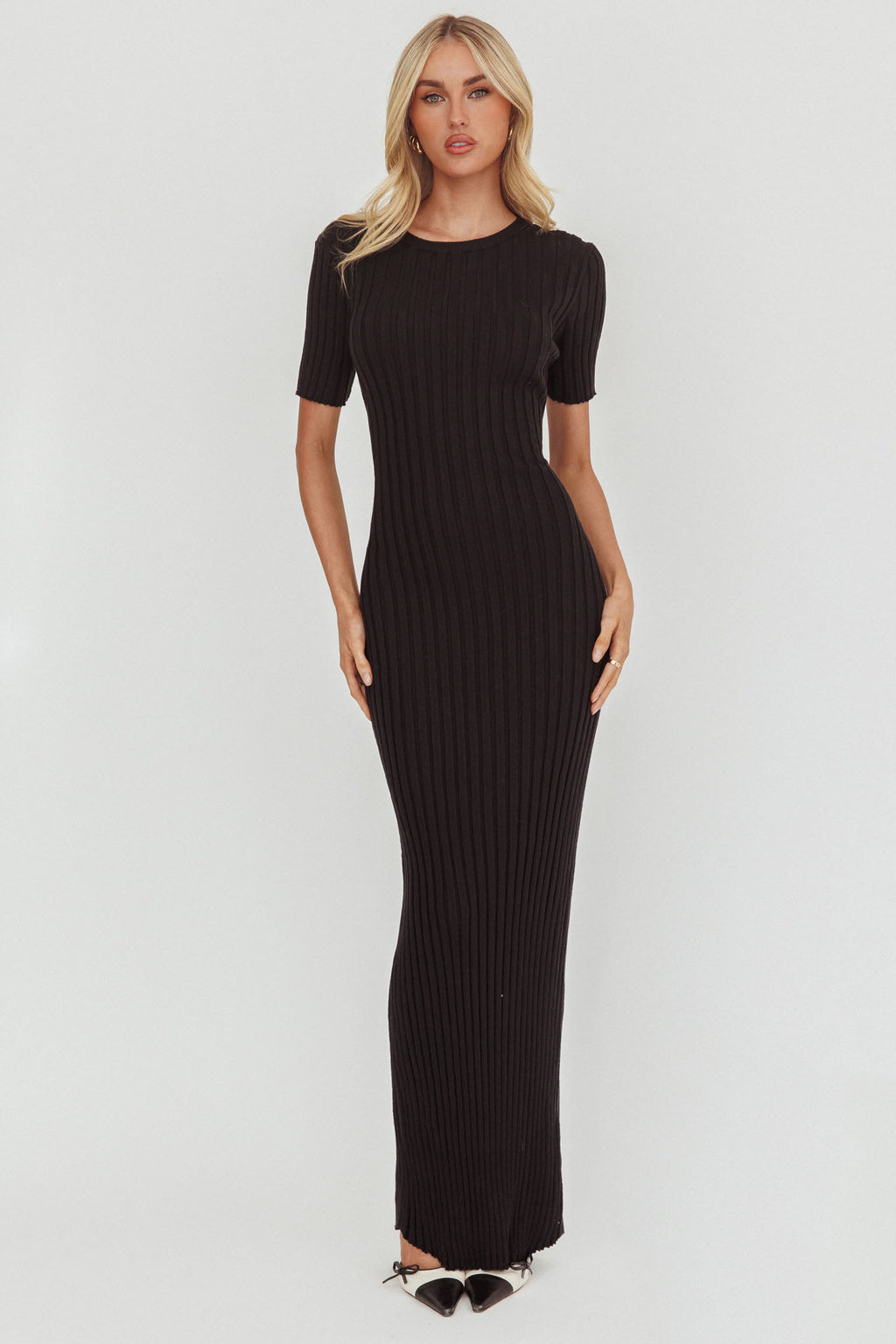 Faylen Waist Tie Ribbed Knit Maxi Dress Black by Selfie Leslie Australia