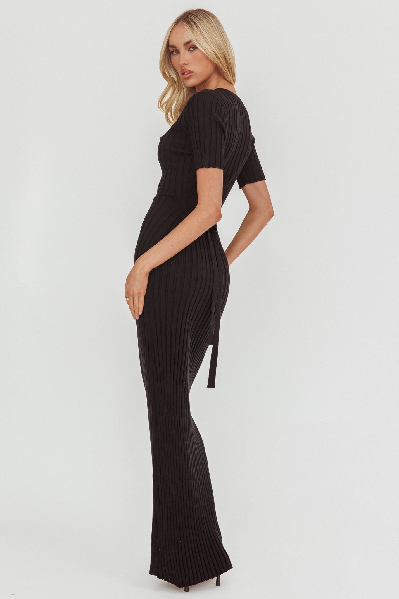 Faylen Waist Tie Ribbed Knit Maxi Dress Black by Selfie Leslie Australia