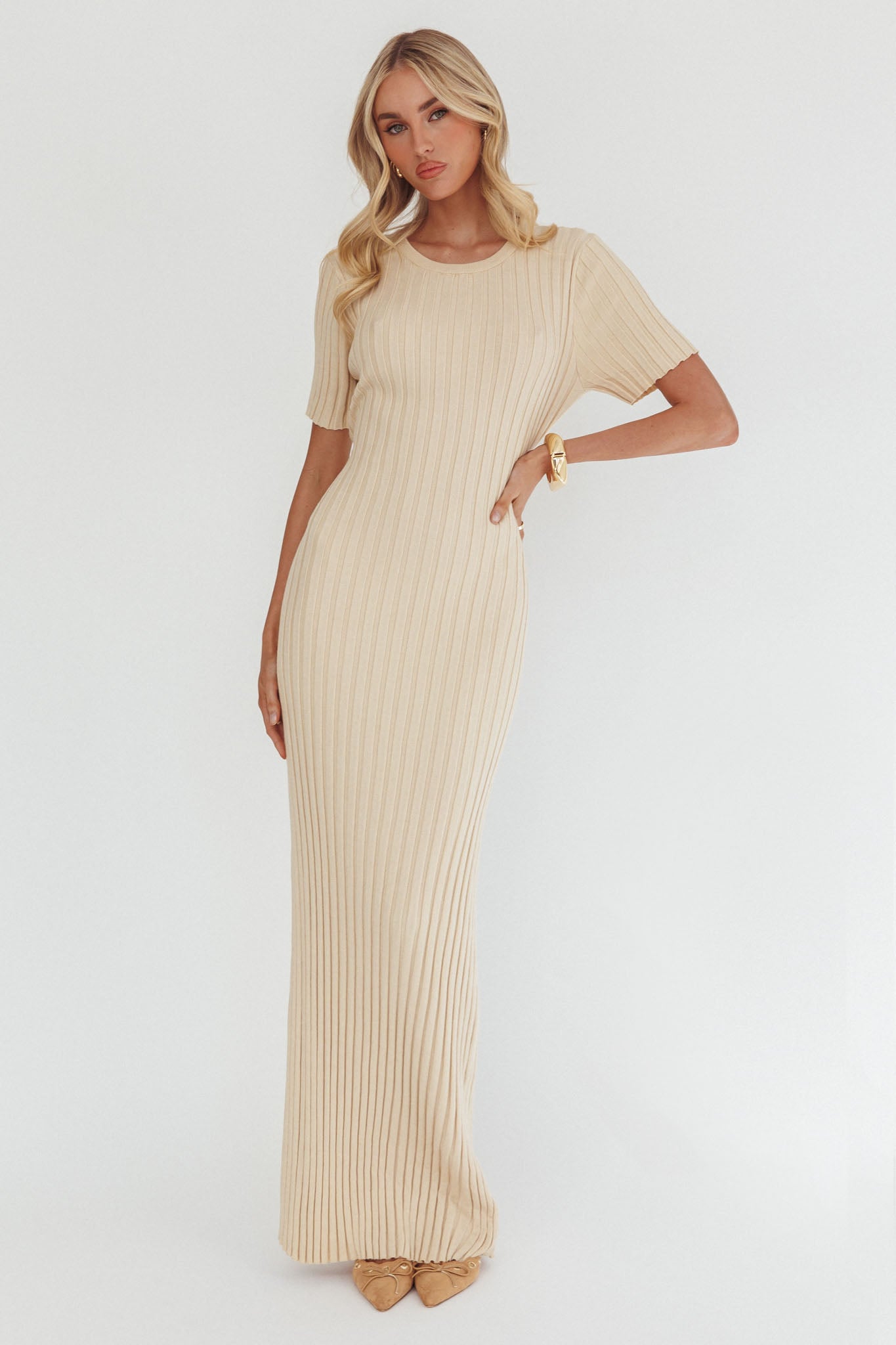 Faylen Waist Tie Ribbed Knit Maxi Dress Cream by Selfie Leslie Australia