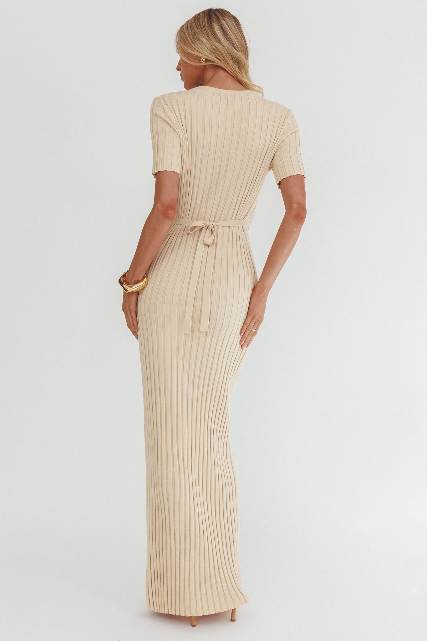 Faylen Waist Tie Ribbed Knit Maxi Dress Cream by Selfie Leslie Australia
