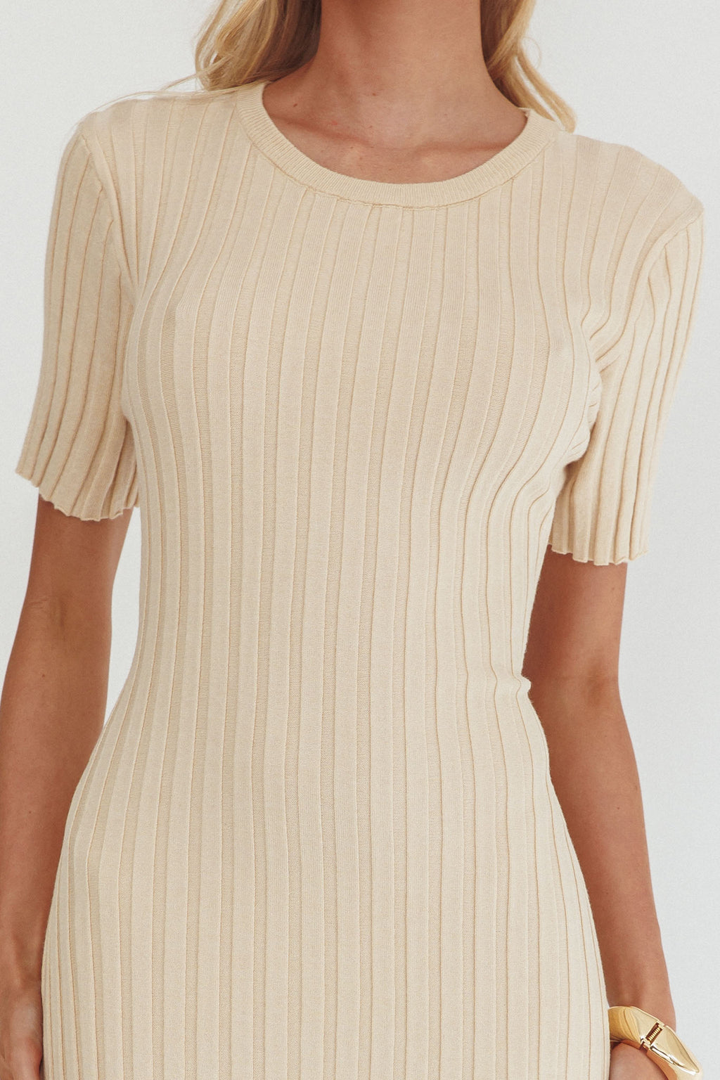 Faylen Waist Tie Ribbed Knit Maxi Dress Cream by Selfie Leslie Australia